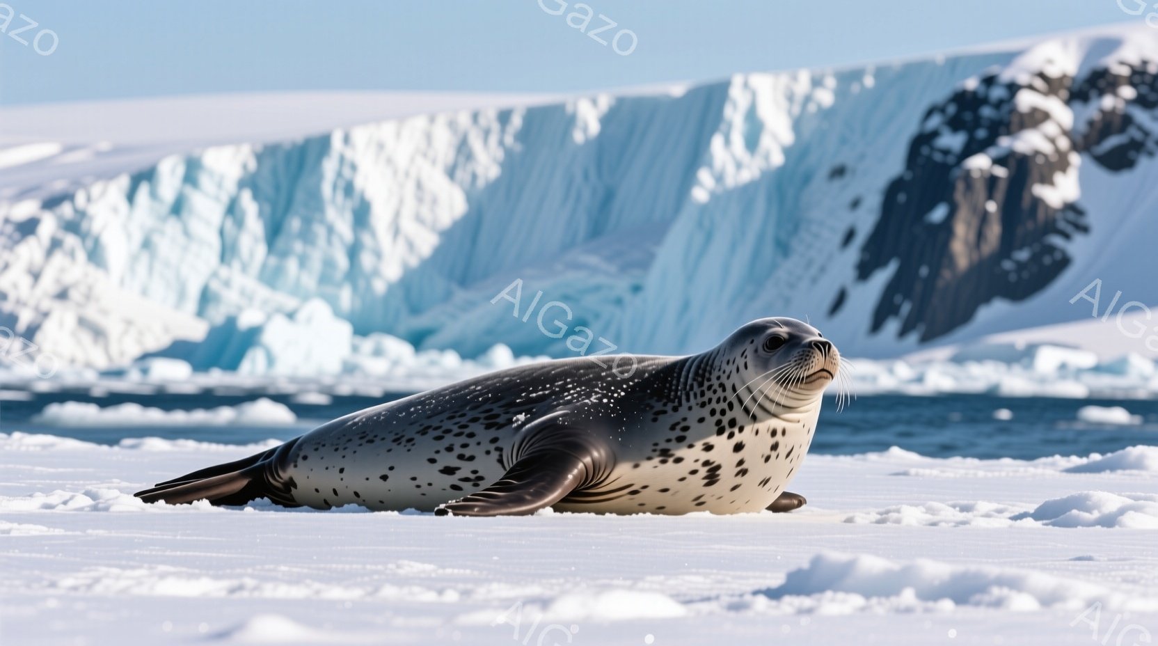 白い雪の上に、毛皮に斑点模様のあるアザラシが横たわっています。穏やかな表情で、ゆったりとリラックスした様子が伺えます。背景には、青白い氷山がそびえ立ち、広大な雪原が広がっており、極寒の自然を感じさせる静かで冷たい雰囲気です。