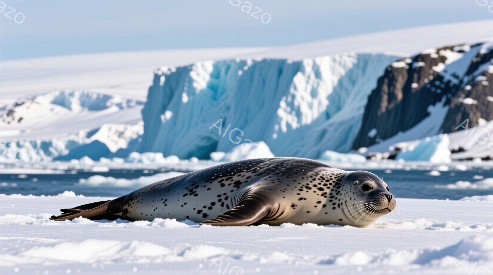 氷の上に、毛皮に斑点模様の大きなアザラシが横たわっています。穏やかな表情で、わずかに口角が上がっているように見え、雪景色の中でゆったりとくつろいでいる様子が伺えます。背景には、青白く輝く巨大な氷山がそびえ立ち、極寒の自然環境が広がっています。