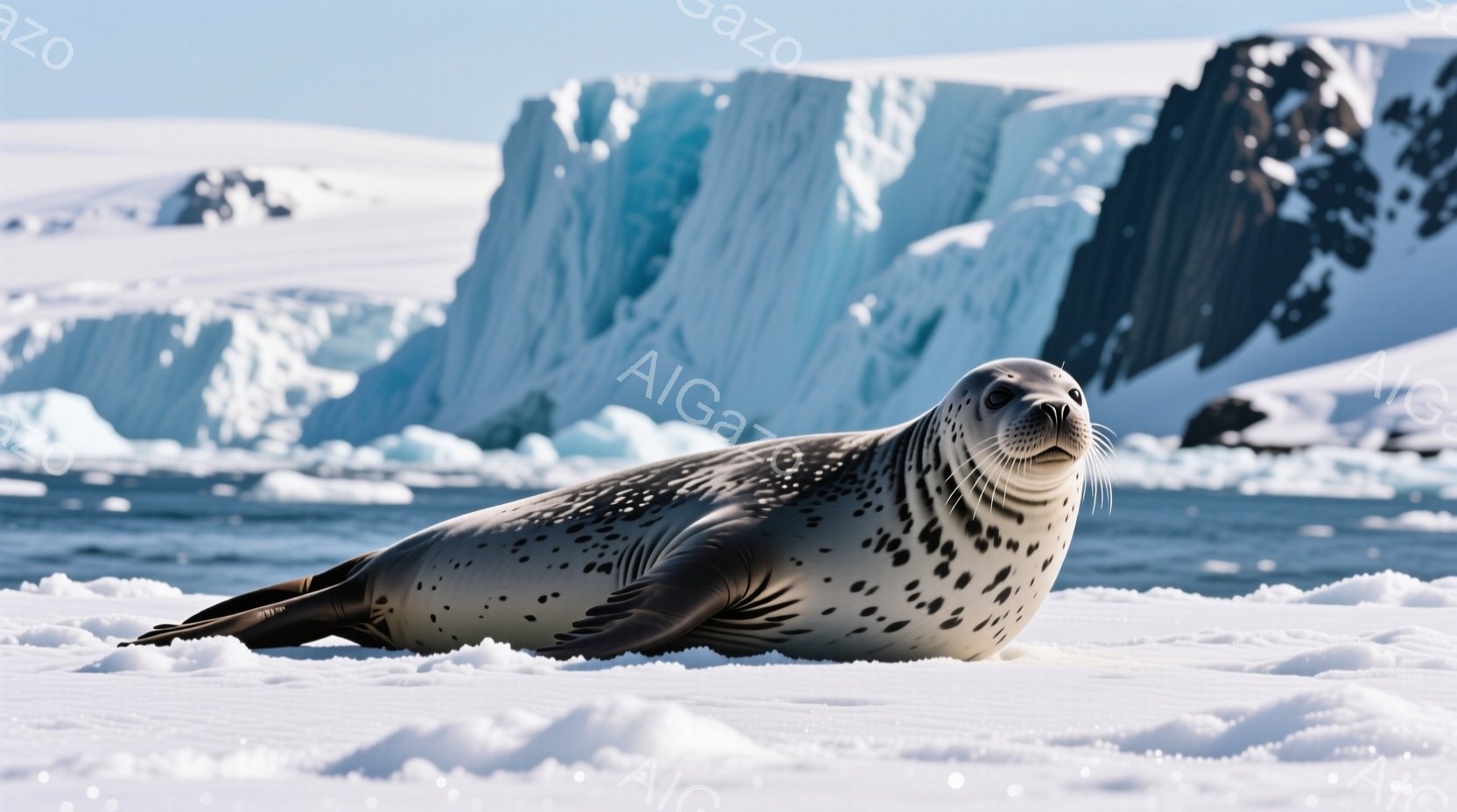 アザラシが氷の上に横たわっており、その体には濃い斑点模様が見られます。背景には、青白い氷山と氷の破片が広がり、冷たく厳しい南極の風景を形作っています。光が氷に反射し、全体的に静かで神秘的な雰囲気を醸し出しています。