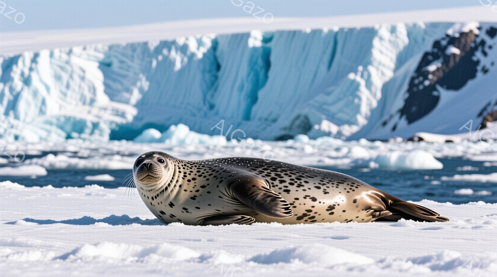 白い雪の上に、模様のあるアザラシが一匹横たわっています。アザラシは暗い斑点模様で覆われ、顔は少し上を向いており、穏やかな表情をしています。背景には、氷山がそびえ立ち、青白い氷河が広がり、冬の寒く静かな雰囲気を醸し出しています。