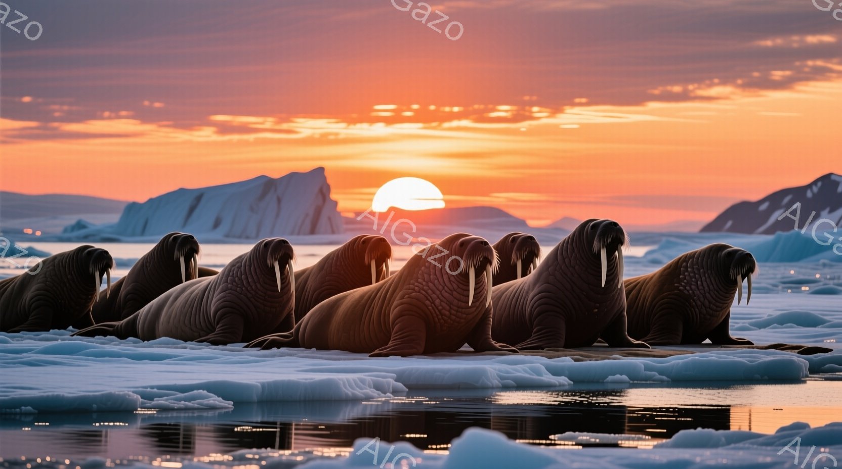 氷の上に横たわるアザラシの群れが写っている。夕焼けのオレンジとピンク色の空が水面に反射し、幻想的な光景を作り出している。周囲には氷山が浮かび、極寒の自然環境が感じられる。