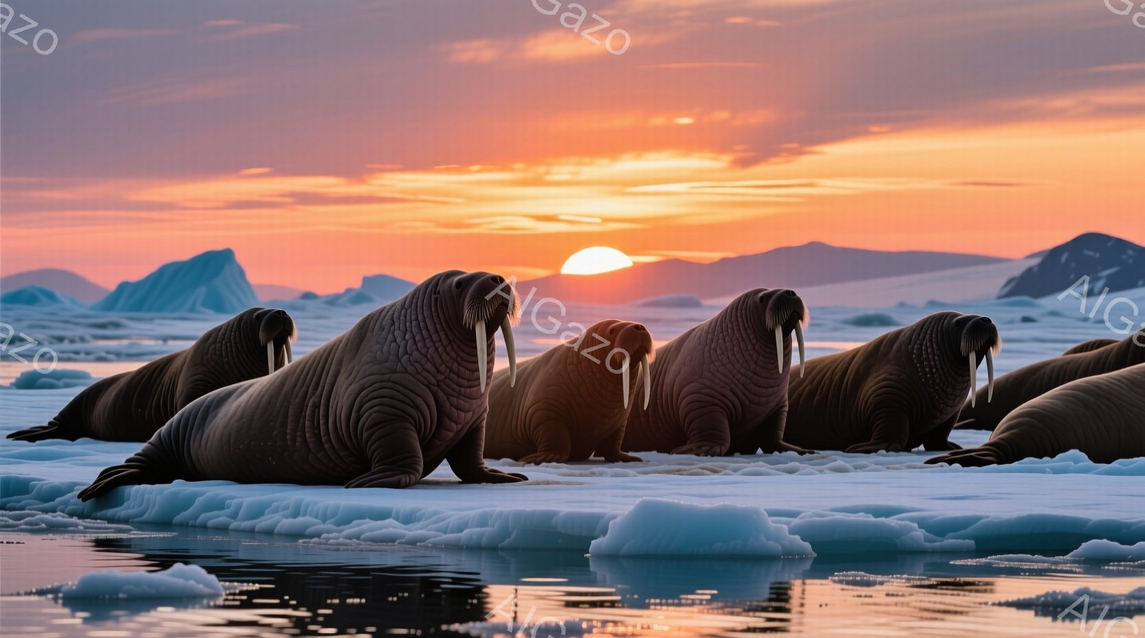 氷の塊の上に、ヒゲを持つアザラシの群れが横一列に並んで座っている。背景には雪山がそびえ立ち、オレンジとピンクの色合いの美しい夕焼け空が広がっている。水面は穏やかで、反射が穏やかな雰囲気を醸し出している - AI生成フリー素材
