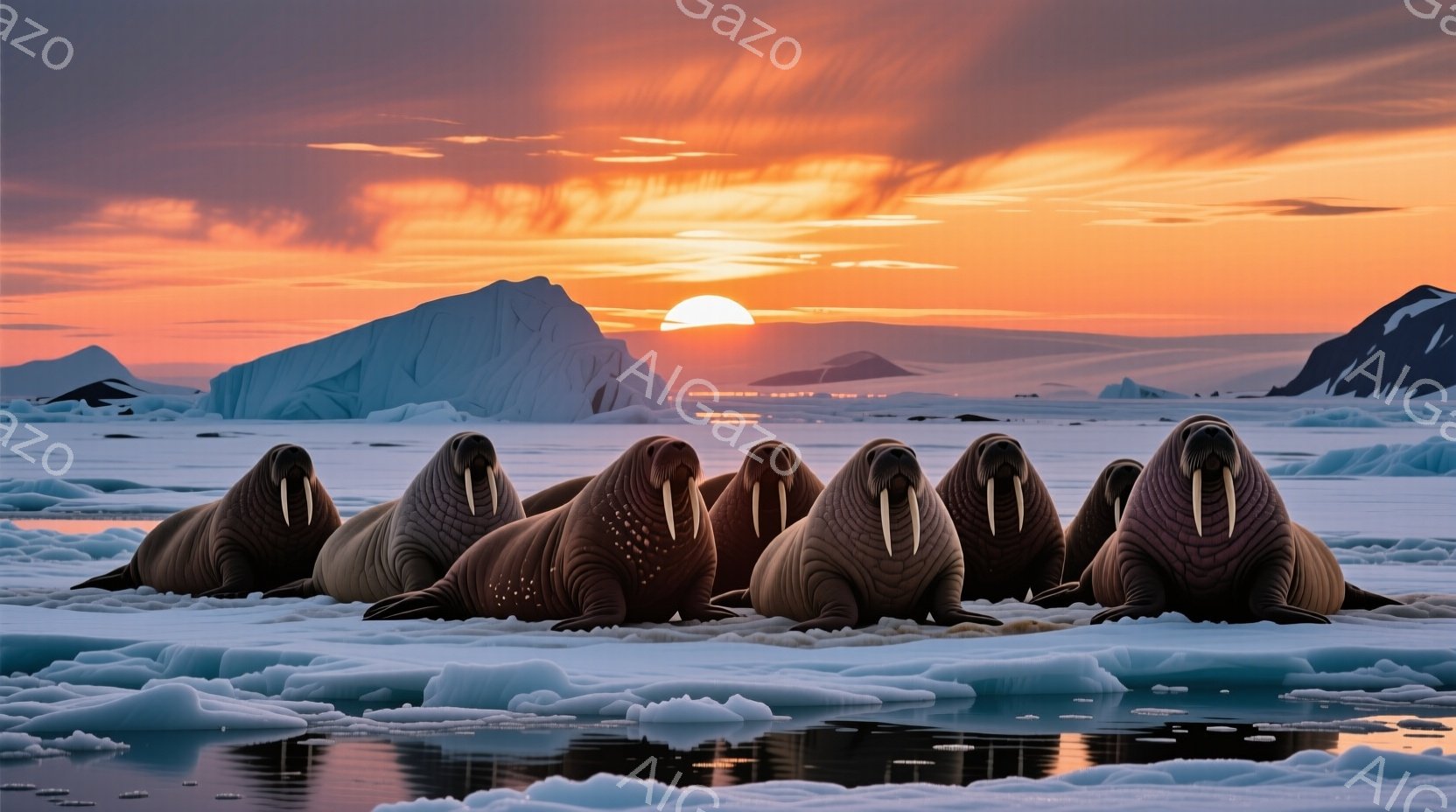 夜空で起こる自然現象を描写するものであり、その中に集まったクジラが描かれています。背景は寒々しい風景であり、黄色の太陽が水面下に現れ、終日の継続的な日光が雲の中を切り裂くように見える。クジラは全体的に集まっており、彼らは近似して水面上に浮かんでいます。緊密な配列が特徴的であり、全体としては、美麗な自然の景色を視聴者に提示する印象を与えるものとなっています。