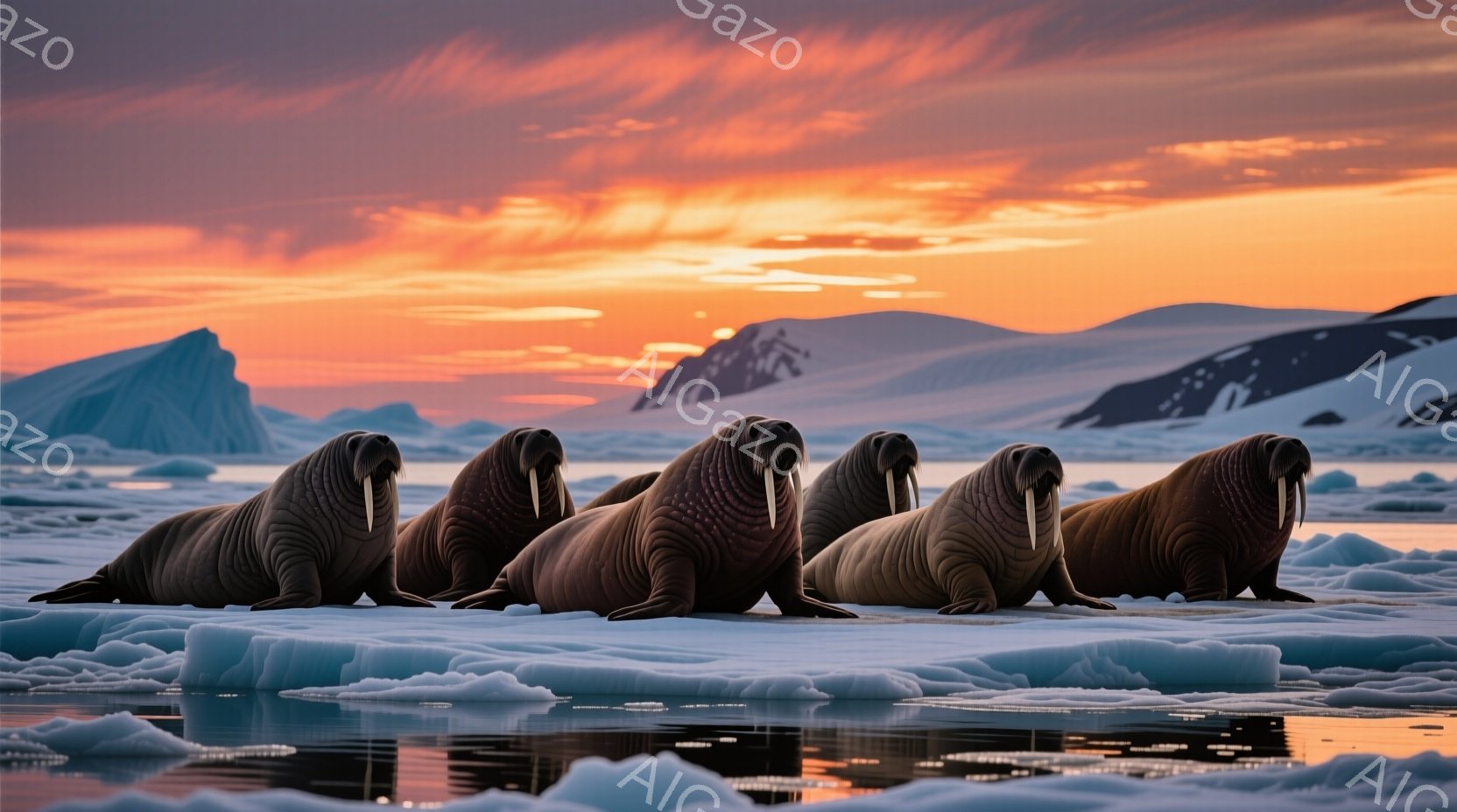 アザラシのような、長い牙を持つ大きな動物たちが、氷の上に並んで横たわっています。背景には氷山や雪山が連なり、夕焼けのようなオレンジとピンクの色合いが空を染め、水面にも反射しています。全体的に静かで、厳寒の極寒の雰囲気が漂う、美しい自然の光景です。