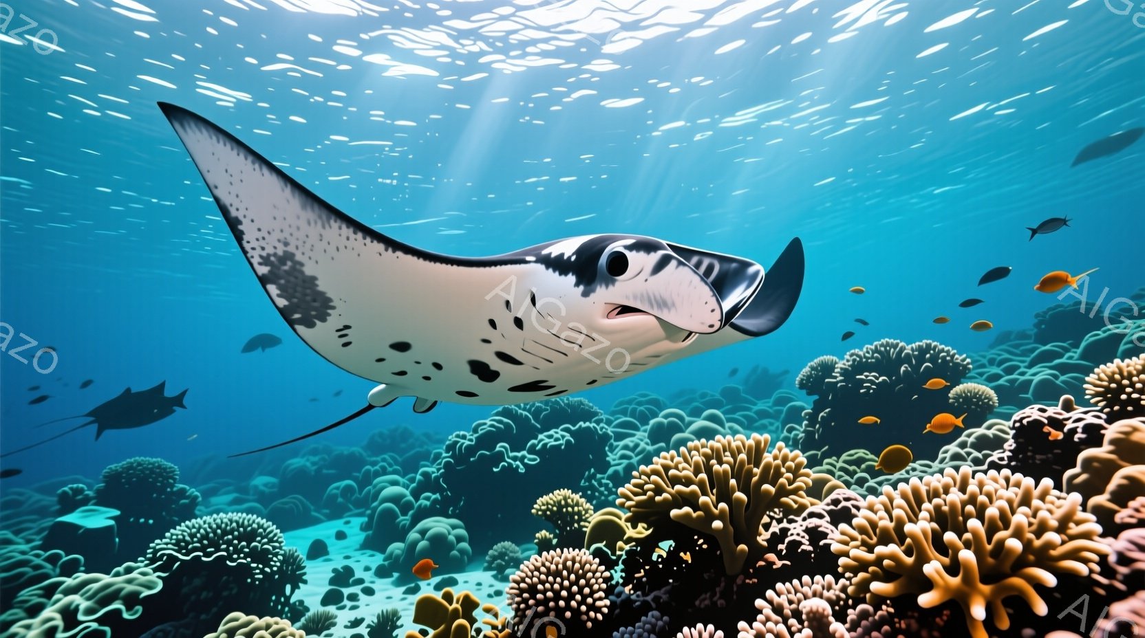 鮮やかな青い海中には、大きなマンタが優雅に泳いでいる。マンタの体には、特徴的な黒い斑点が散りばめられており、口元は少し微笑んでいるように見える。背景にはカラフルなサンゴ礁や小さな魚たちが密集しており、 - AI生成フリー素材