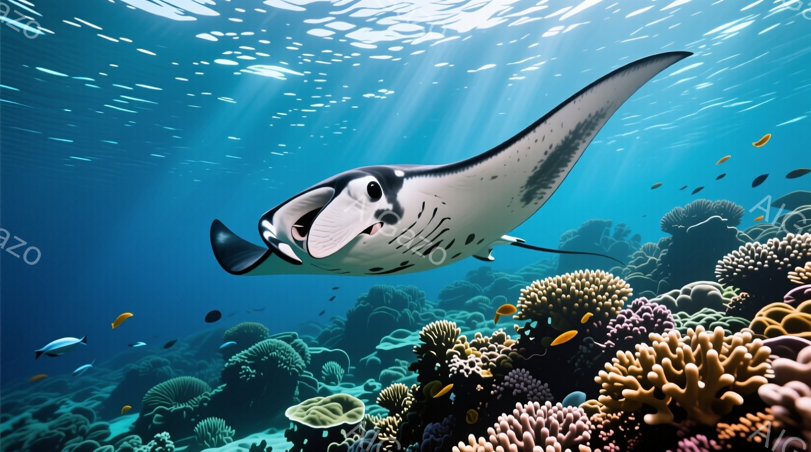 鮮やかな青い海中で、マンタが優雅に泳いでいる様子を捉えています。サンゴ礁が背景に広がり、小さな魚たちが点在し、水中に差し込む光が幻想的な雰囲気を醸し出しています。マンタは口を開けており、まるで微笑んで - AI生成フリー素材