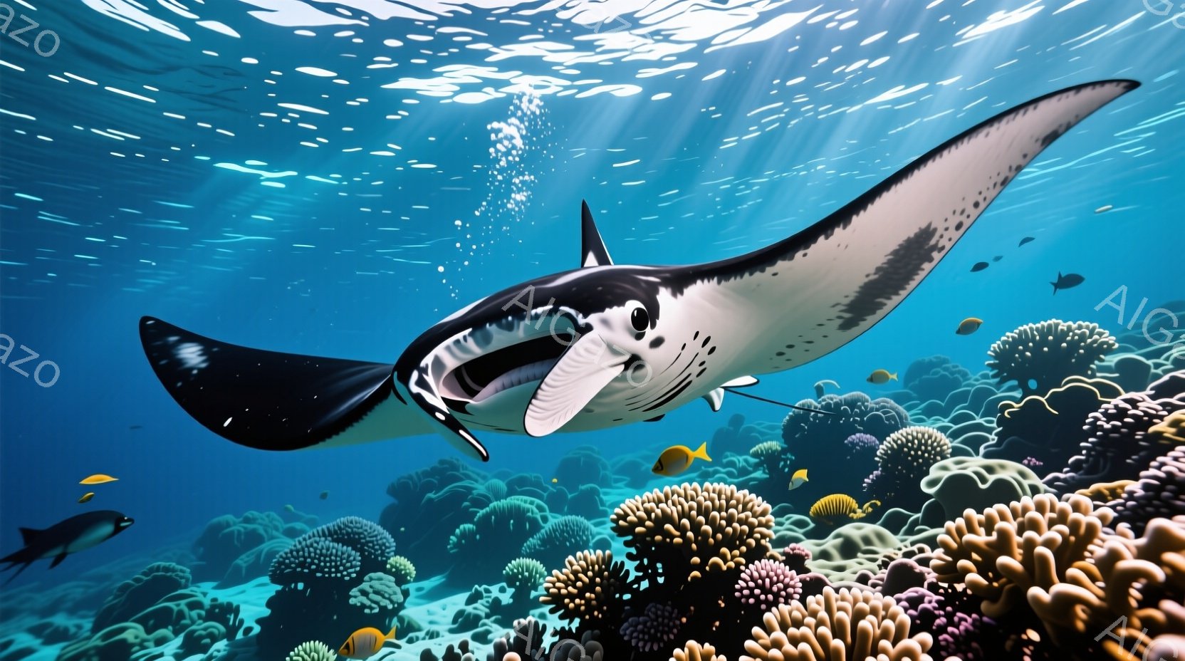 鮮やかなサンゴ礁の中で泳ぐマンタの巨大な姿を捉えています。マンタは口を開け、白い腹部と黒い背中のコントラストが印象的で、周囲の小さな魚たちとのサイズの違いが際立っています。水面からの光線が差し込み、水中の植物や魚たちを照らし出し、神秘的で活気のある海洋世界を表現しています。