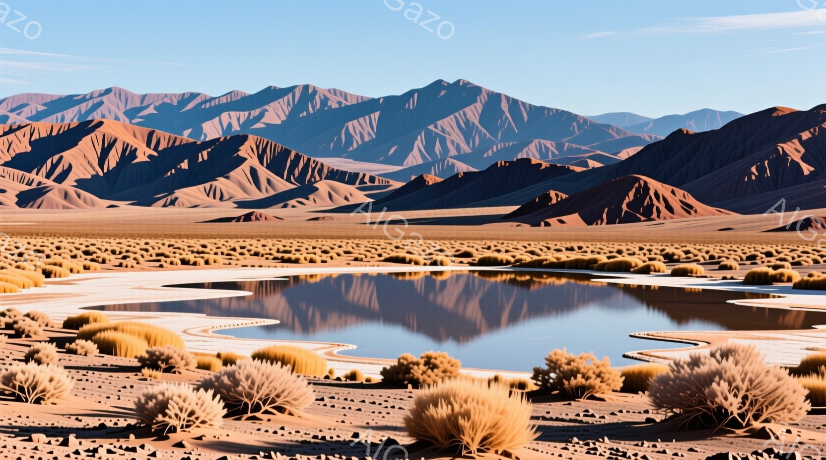 広大な砂漠地帯に、水たまりが鏡のように空と周囲の丘陵を映し出している。乾燥した植物が生い茂り、背景には赤茶色のなだらかな丘陵が連なり、空は澄み切った青空が広がっている。全体的に乾燥した静寂な雰囲気が漂い、自然の雄大さと静けさを感じさせる風景だ。