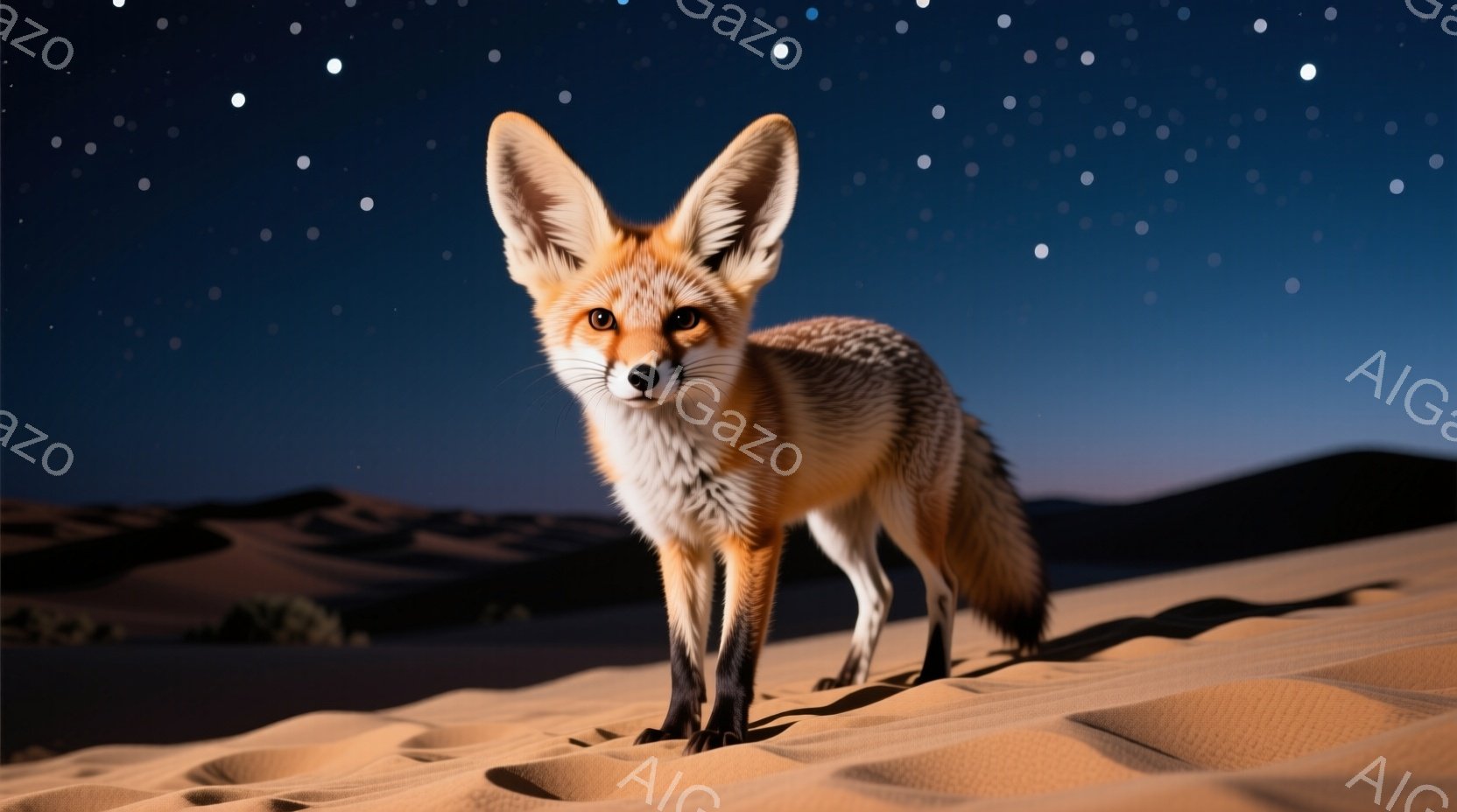 砂漠の中に立つキツネが写っている。その毛並みは赤茶色で、胸元には白い毛が広がっている。キツネは正面を向き、鋭い眼光でこちらを見つめ、力強い印象を与える。 - AI生成フリー素材