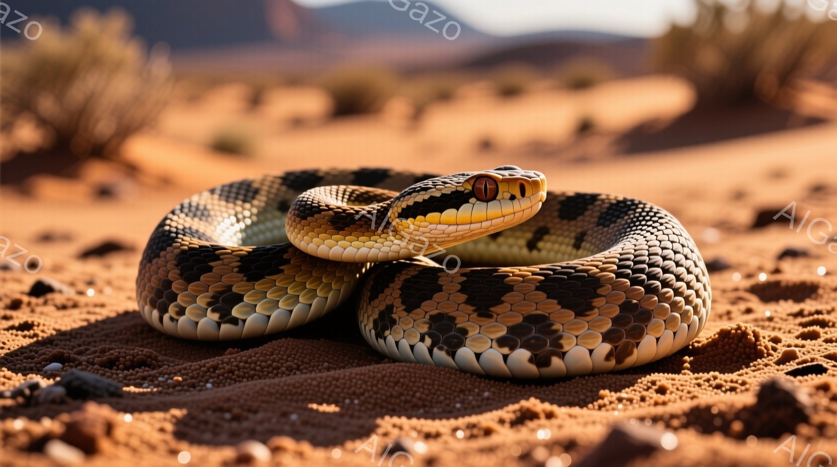 砂漠のような赤い土の上に、模様のある蛇がコイル状に丸まっています。蛇は頭を少し持ち上げ、鋭い視線で正面を見つめており、警戒しているかのような印象を与えます。背景には、ぼやけた砂漠の風景と、遠くに見える岩山が広がっています。