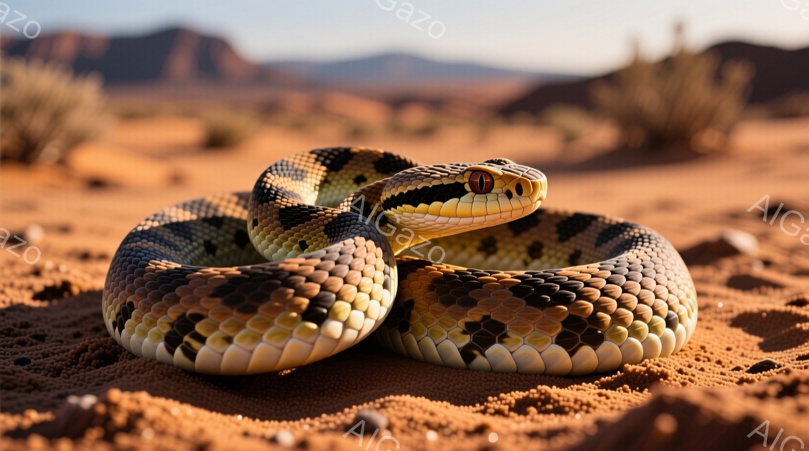 砂漠の地面にうずくまる模様の入った蛇が写っている。蛇は黒と茶色の斑点模様を持ち、明るい黄色の腹部を持つ。背景には岩山と、乾燥した砂漠の植生が見え、全体的に乾燥した厳しい自然環境を表現している。
