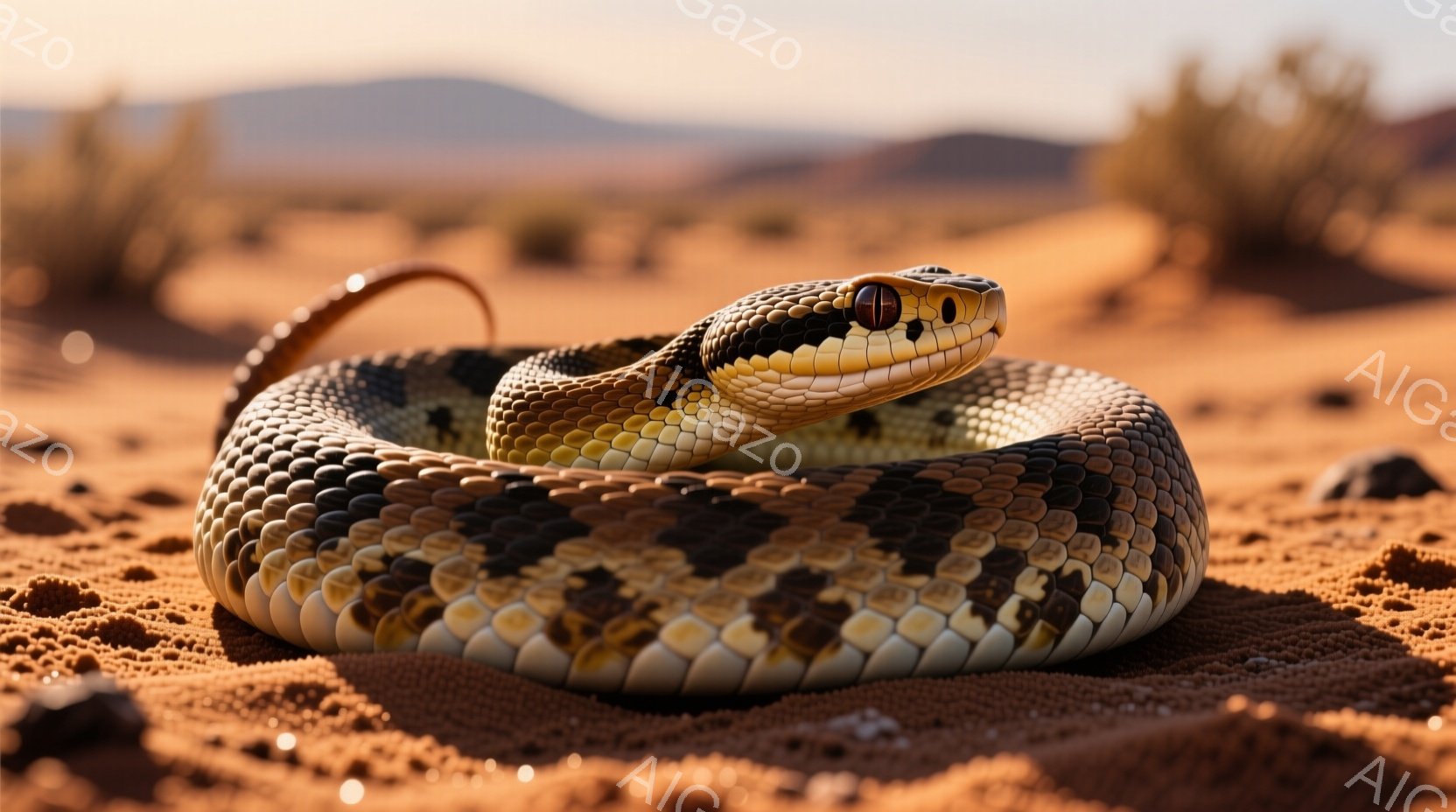 砂漠の赤い土の上に、模様の入ったヘビが体を丸めています。ヘビの目は鮮やかなオレンジ色で、周囲の土と鮮やかなコントラストを成しています。背景には、ぼやけた山々と乾燥した灌木が生い茂り、夕暮れ時の暖かく乾燥した雰囲気を醸し出しています。