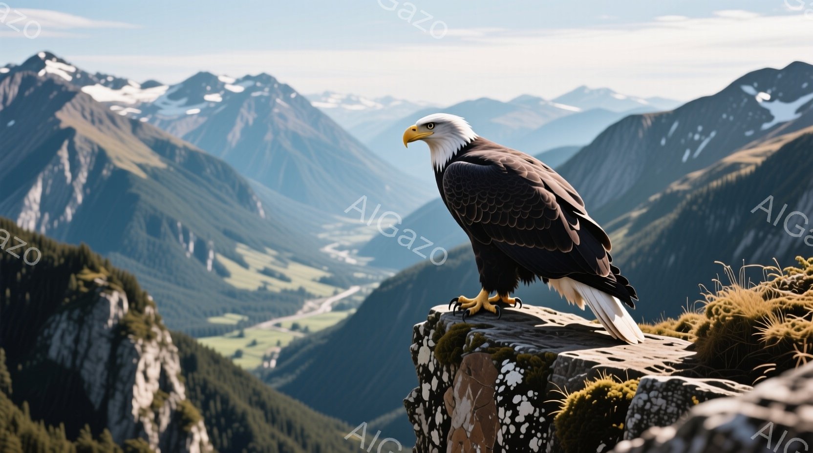 岩の崖の上に堂々と立つ、白頭ハゲワシが印象的な光景です。背景には、緑豊かな谷と雪を抱いた山々が広がり、晴天の下、雄大な自然が広がっています。ハゲワシの鋭い眼差しと力強い爪が、その威厳を際立たせています。