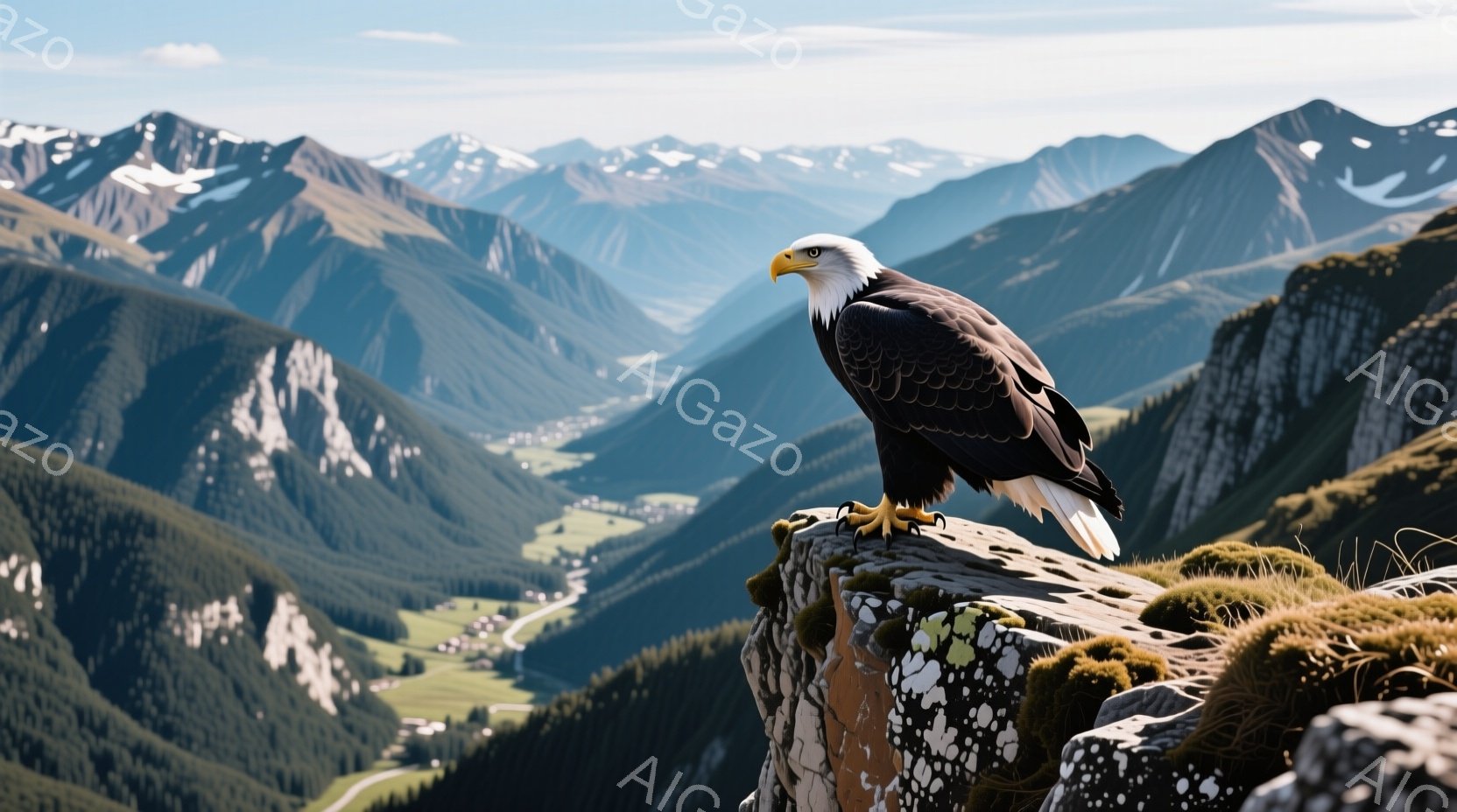 岩の上に堂々と立つアメリカワシが印象的な風景です。背景には緑豊かな渓谷と雪を抱いた山々が広がり、晴天の空が広がっています。ワシの鋭い眼差しと力強い爪が、自然の厳しさと美しさを象徴しています。