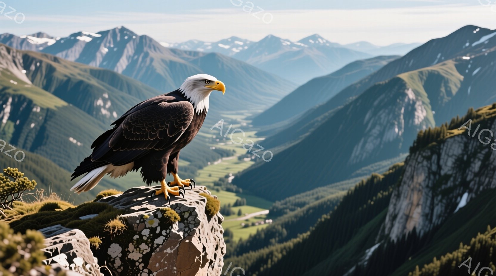 岩の上に堂々と立つ、巨大な白頭ハゲワシが印象的だ。背景には、緑豊かな谷と雪を抱く険しい山々が広がり、晴天の下、雄大な自然が広がっている。その姿は力強く、自由な精神を象徴しているようだ。