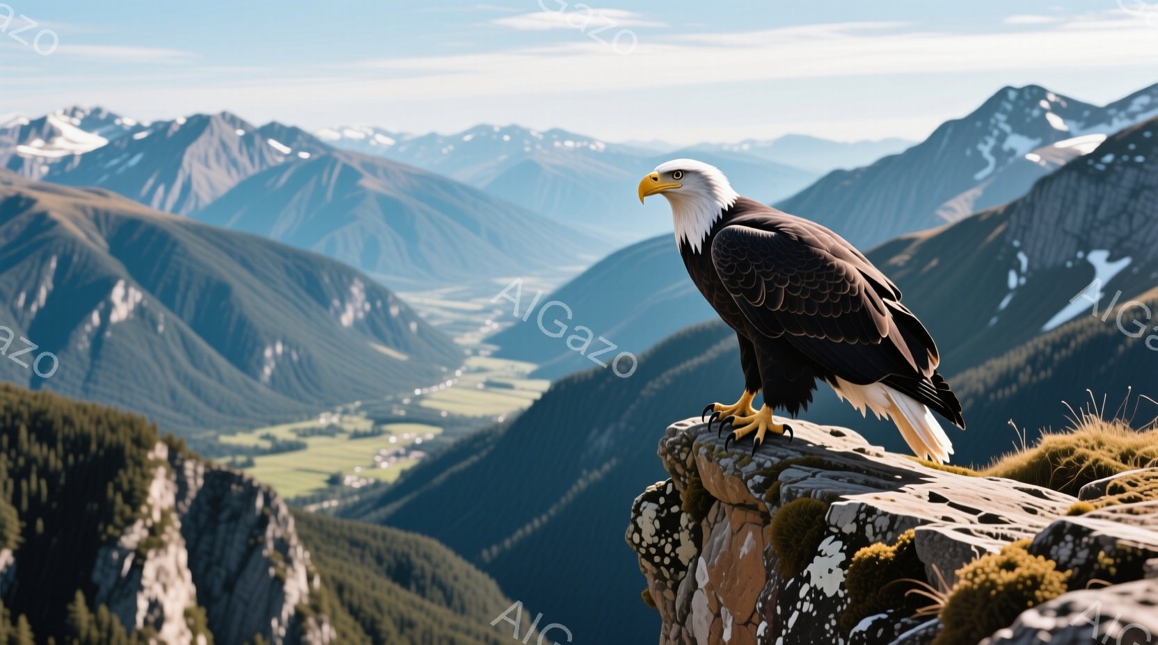 岩場の縁に堂々と立つアメリカワシが写っている。背景には雪を頂いた山々と緑豊かな渓谷が広がり、青空の下で雄大な自然が表現されている。ワシの鋭い眼差しと力強い姿勢は、自由と力強さの象徴である。