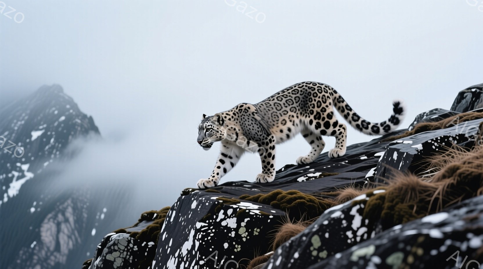 岩肌の上に雪豹が凛々しく佇んでいる。周囲は霧に包まれ、背景にはぼんやりとした山々がそびえ立ち、厳しい自然環境を連想させる。岩には緑色の苔が生えており、豹の美しい毛並みと対照的で、静寂と力強さを感じさせる。
