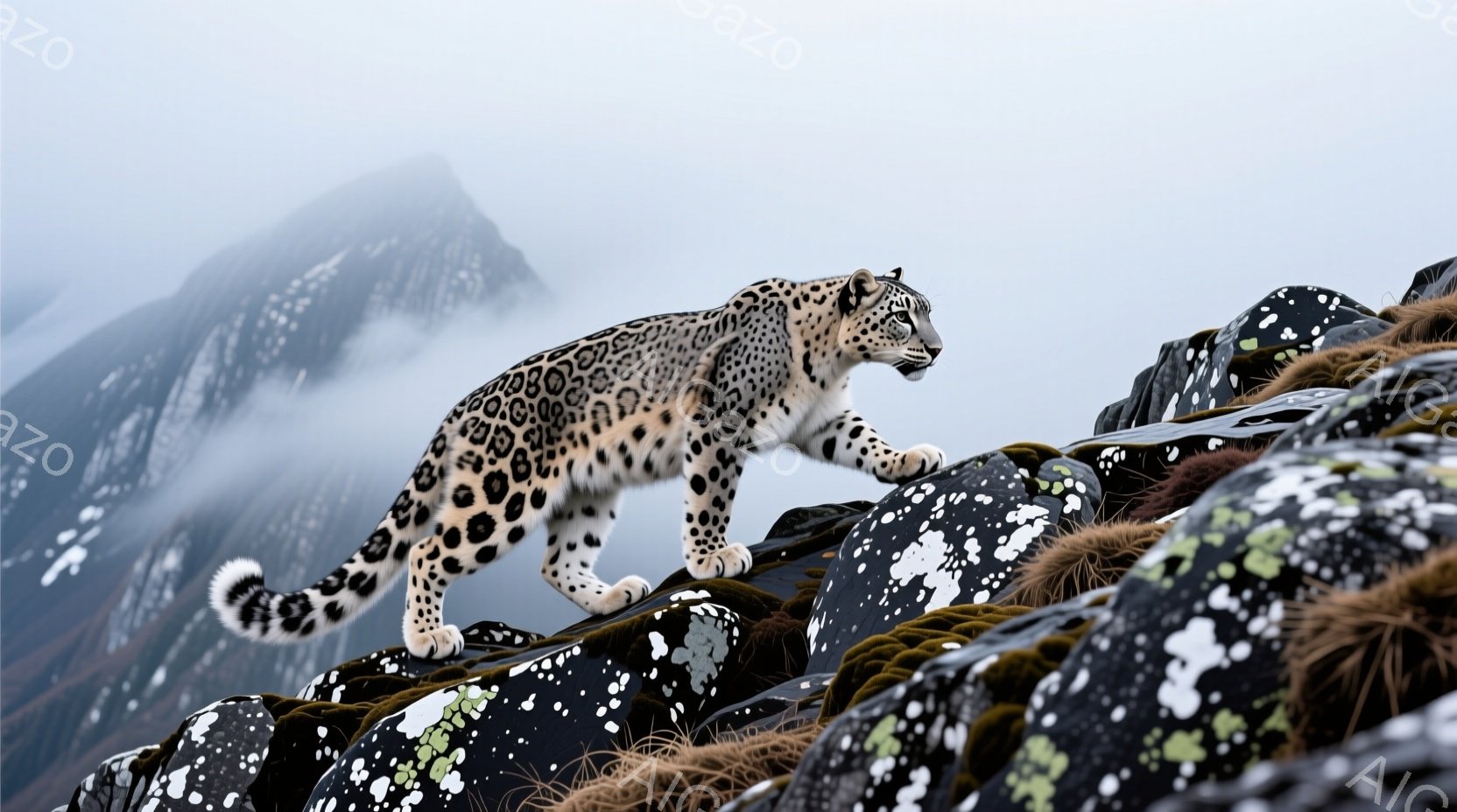 雪豹が岩場を歩いている様子が捉えられています。周囲の岩は苔や地衣類で覆われ、背景には霧に包まれた山々が広がっています。全体的に冷たく、静寂な山の雰囲気を感じさせます。 - AI生成フリー素材