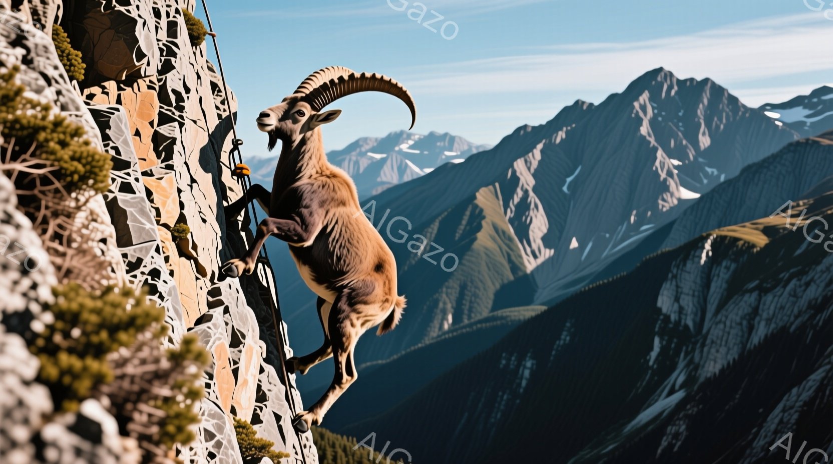 岩肌を巧みに登るアイベックスが写っている。背景には雪を抱いた険しい山々が連なり、青空が広がっている。アイベックスの力強く躍動感のある姿と、雄大な自然とのコントラストが印象的だ。
