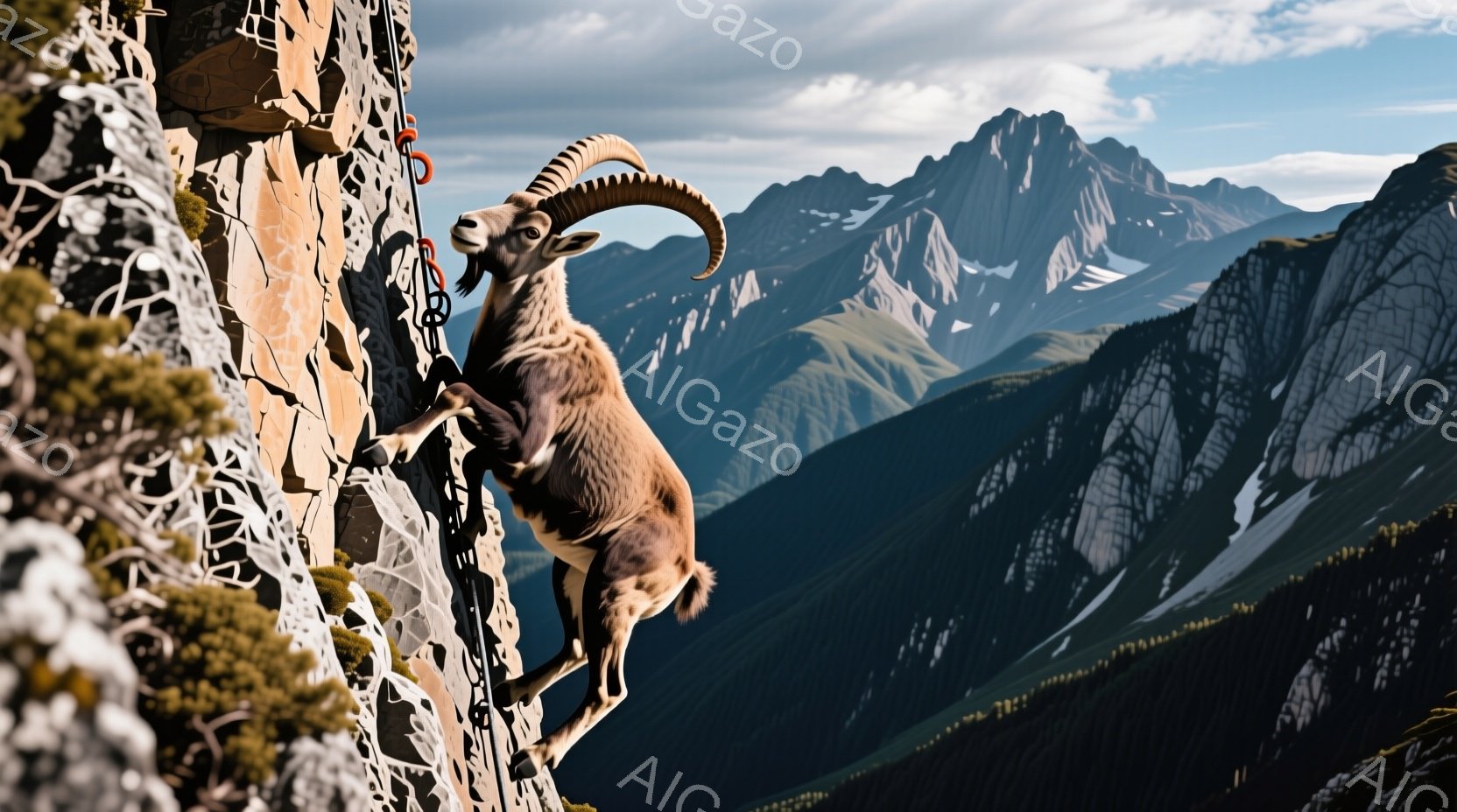 岩肌を巧みに登るアイベックスが写っている。背景には雪を抱いた険しい山々が広がり、青空と白い雲が美しいコントラストを生み出している。アイベックスは自信に満ちた表情で、荒々しい自然の中で力強く生きる姿を捉えている。