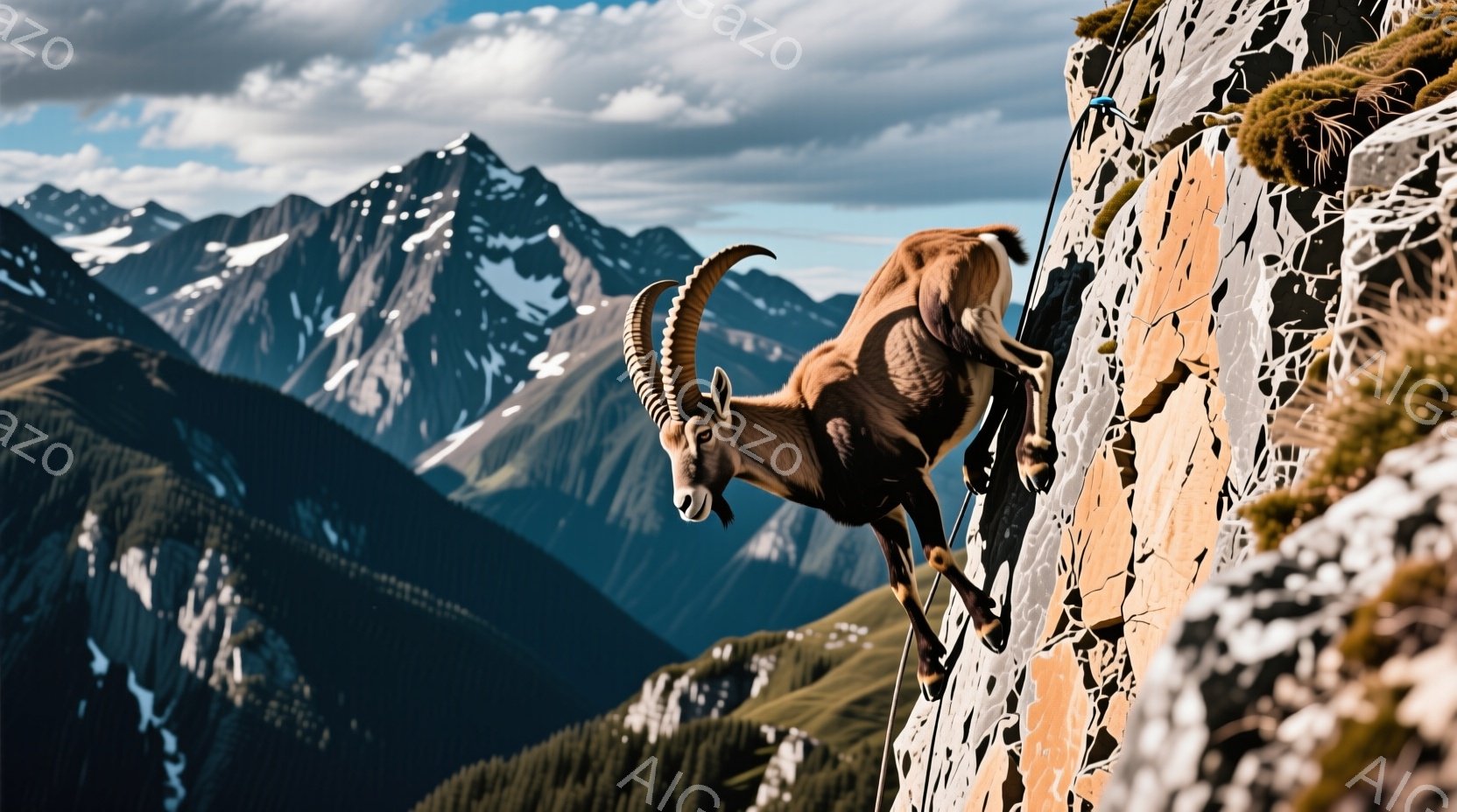 岩壁に張り付くアイベックスが写っている。茶褐色の毛並みと大きく湾曲した角が特徴的で、驚くほど垂直に近い岩肌を器用に歩いている。背景には険しい山々が連なり、晴天の下、野生動物の力強さと自然の雄大さを感じ - AI生成フリー素材
