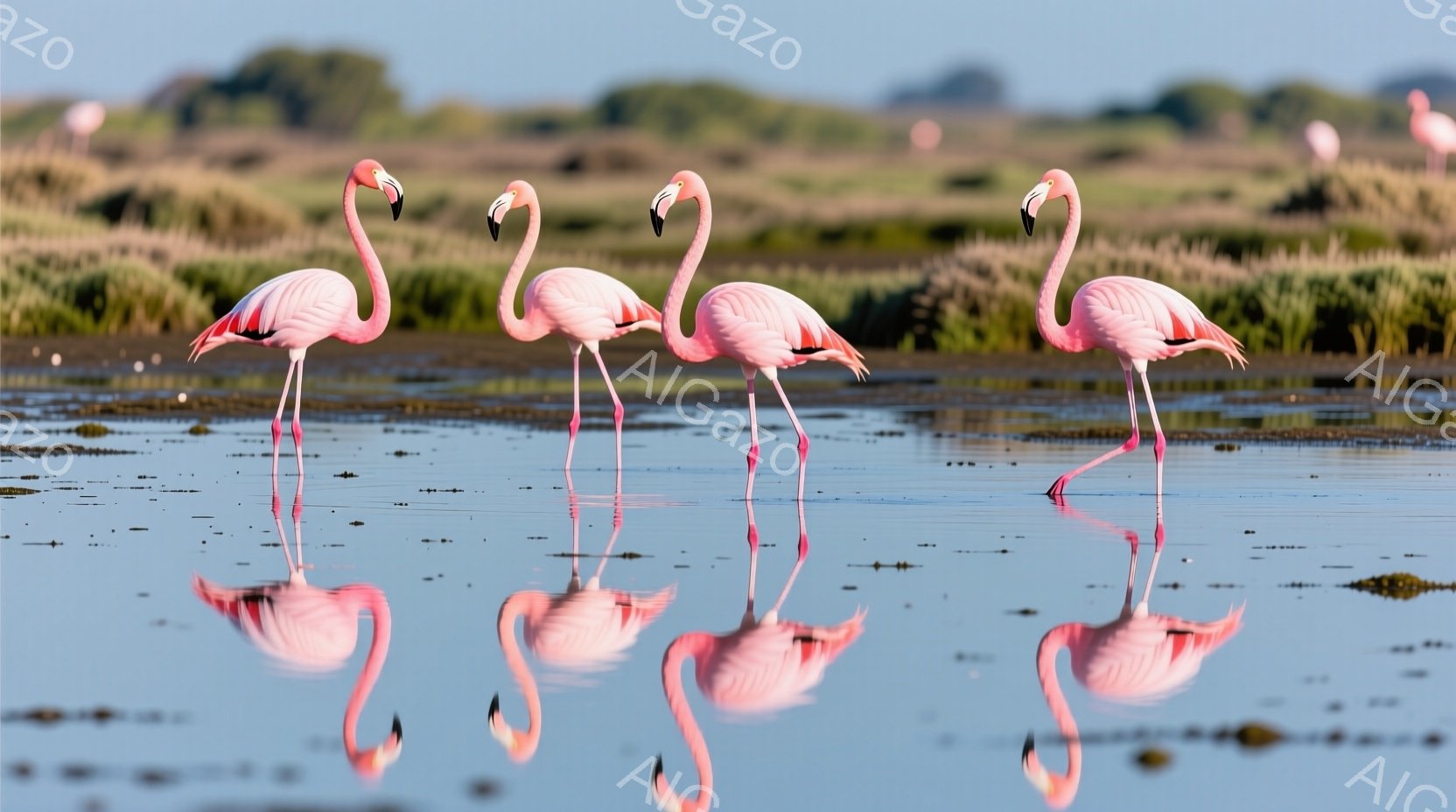 明るいピンク色のフラミンゴが、浅い水の中に整列して立っている。水面には鳥たちの鮮やかな反射が見られ、遠くには緑の植物が広がる平原がぼんやりと見える。穏やかな水面と鮮やかなピンク色が、平和で穏やかな雰囲気を醸し出している。