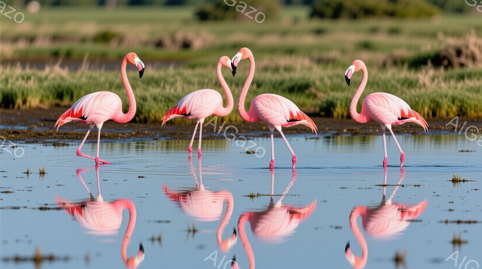 明るいピンク色のフラミンゴが4羽、水面に映る姿が印象的な写真です。フラミンゴたちは細長い脚で立ち、優雅な姿勢で水の中を歩いています。背景には緑の植物が広がり、穏やかな水面がフラミンゴのピンク色をさらに - AI生成フリー素材