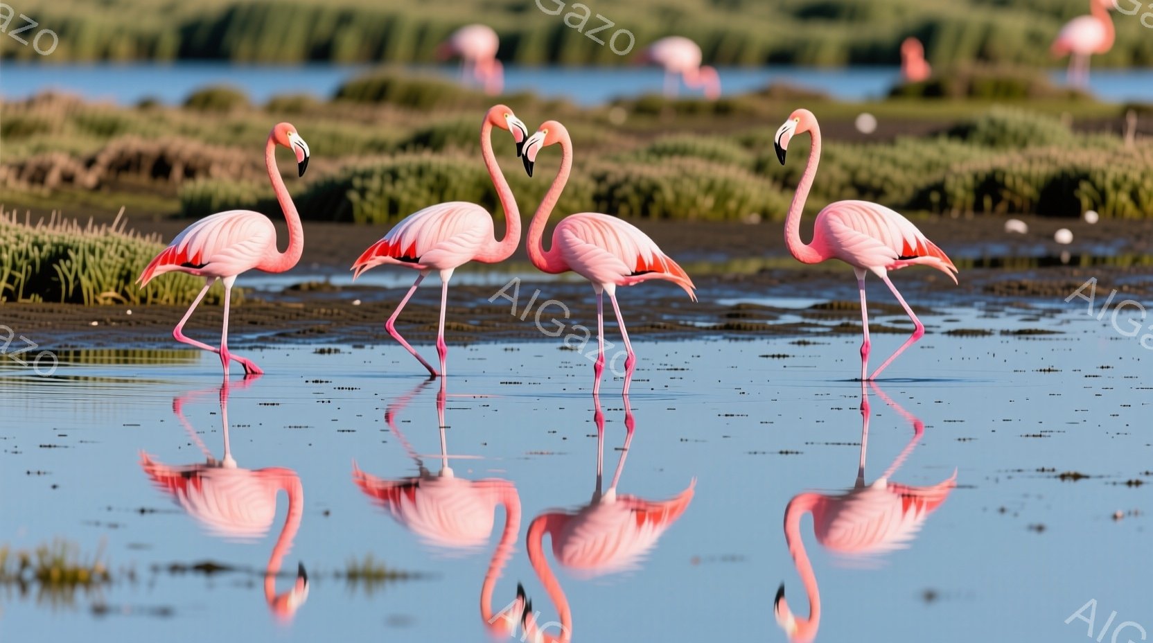 明るいピンク色のフラミンゴが、浅い水の中に立っている様子が描かれています。水面にはフラミンゴの鮮やかな反射が見られ、周りには緑色の植物が生い茂り、穏やかな雰囲気です。空は晴れており、全体的に静かで美し - AI生成フリー素材