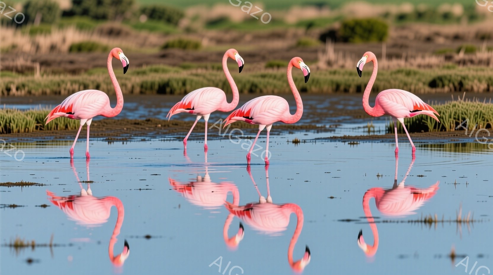 明るい水面にピンク色のフラミンゴが4羽並んで立っている。フラミンゴたちは細長い脚で浅瀬を歩き、首を優雅に曲げている。背景には緑色の草が生い茂る自然が見え、穏やかな水面にフラミンゴが美しく映り込み、平和 - AI生成フリー素材