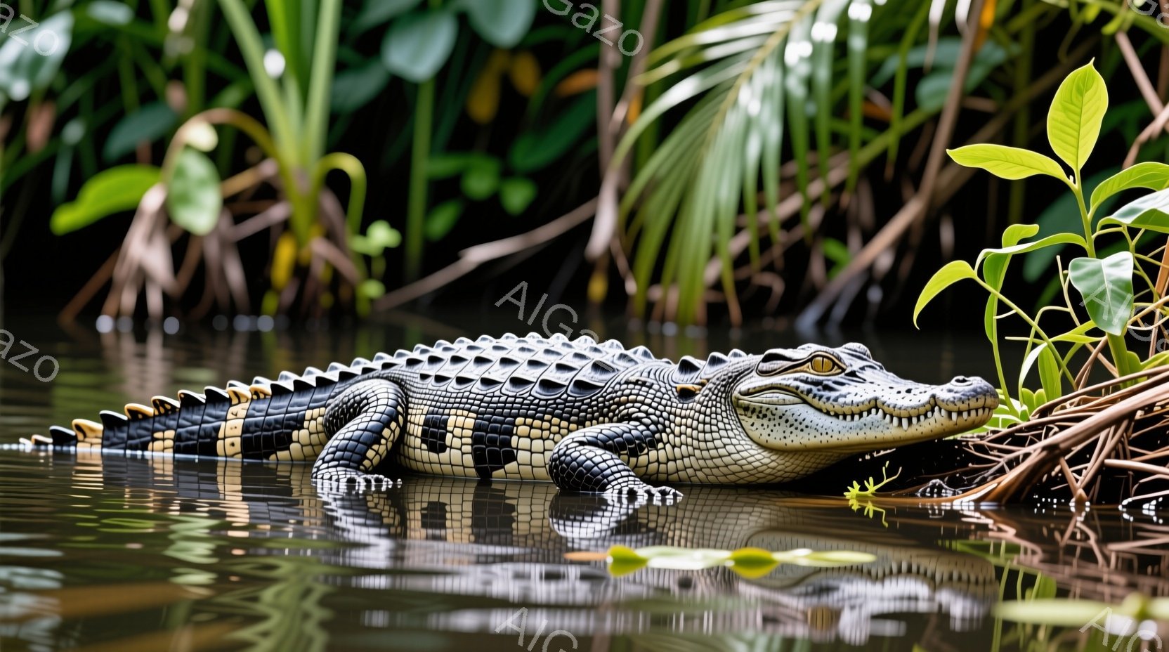 濃い緑色の水面に、大きなワニが一匹、静かに浮かんでいます。ワニは体を水平に保ち、鋭い歯を見せながら、前方をじっと見つめています。背景には緑豊かな植物が生い茂り、水面には光の反射が見られ、熱帯の湿地帯の静寂な雰囲気を醸し出しています。