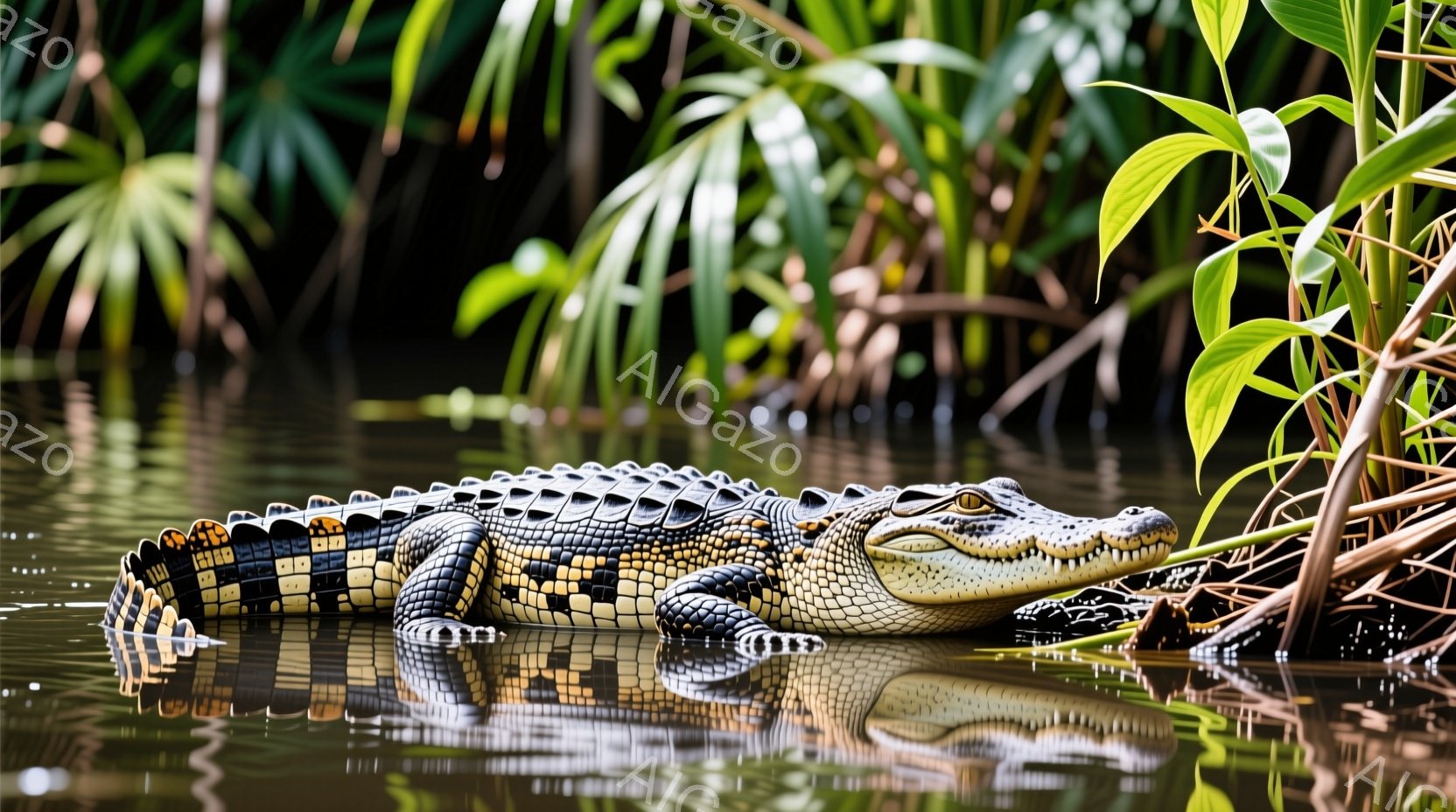 鮮やかな緑色の水面にワニが浮かび、その体は黒とクリーム色の模様で覆われています。ワニはリラックスした様子で水面に身を任せ、鋭い目で静かに周囲を観察しています。背景には緑豊かな植物が生い茂り、水面にはワニの影が映り込み、穏やかで自然な雰囲気を醸し出しています。