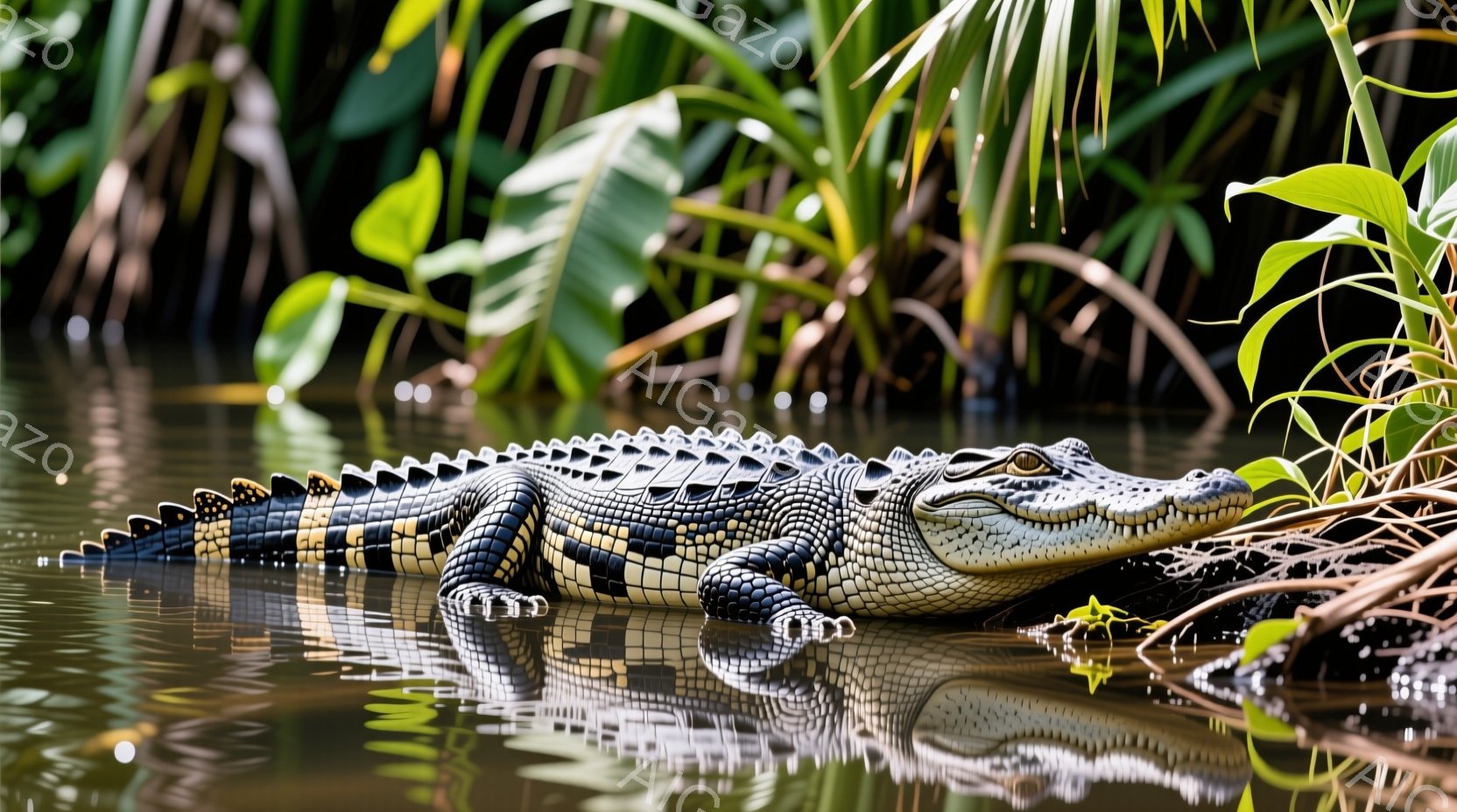 広大な水面に、ワニが悠々と浮かんでいる様子が捉えられています。その体は濃い緑と黒の模様で覆われ、水面に映る影と共に、力強さと静けさを感じさせます。背景には緑豊かな植物が生い茂り、穏やかな水面と相まって、静かで自然豊かな雰囲気を醸し出しています。