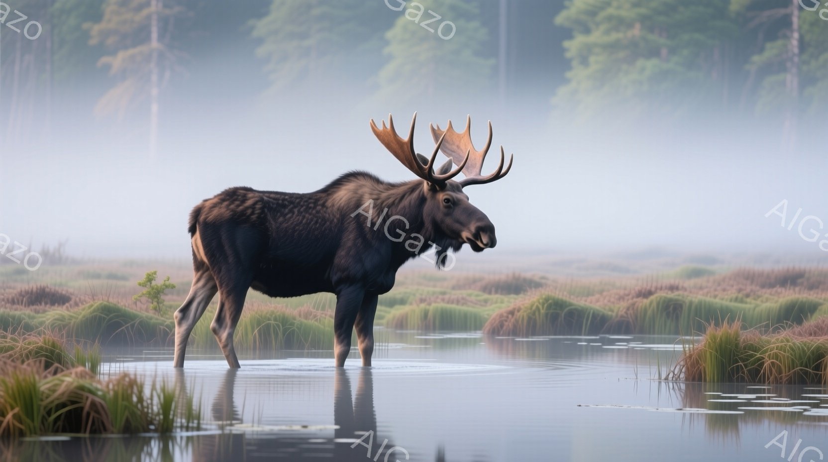 湿地の中に立つ巨大な雄のトナカイが写っている。雄大な角を持ち、水面に映る姿は力強く、少し憂いを帯びた表情をしている。背景は霧に包まれた草原と木々で、全体的に静かで神秘的な雰囲気を醸し出している。