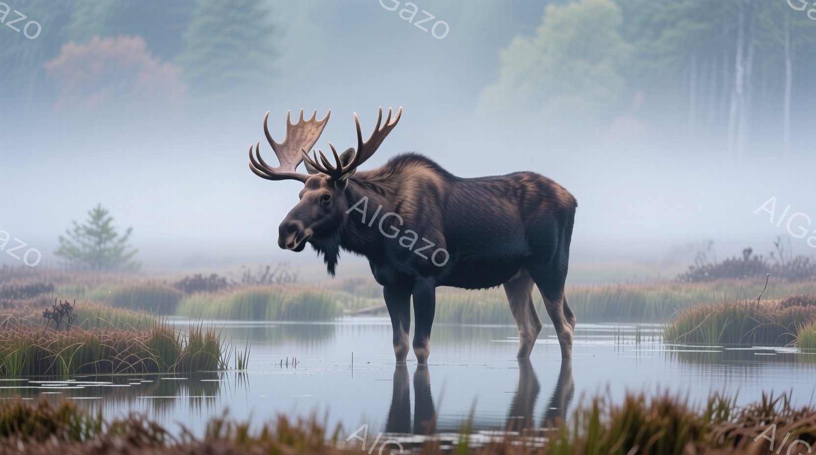 広大な湿地帯に堂々と立つ大きな雄のヘラジカが写っている。その姿は水面に鮮明に映り込み、周囲の茶色の草と霧のかかった背景と対照的である。 全体的に、静かで神秘的な雰囲気が漂い、自然の力強さと美しさが際立っている。