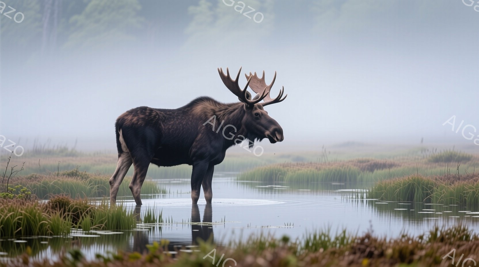 広大な湿地帯に雄大なシカの姿が見える。深い緑の草が生い茂る水面には、シカの姿が鮮明に映り込み、その堂々としたシルエットが際立つ。霧が立ち込め、神秘的な雰囲気を醸し出しており、静寂と自然の力強さを感じさせる。