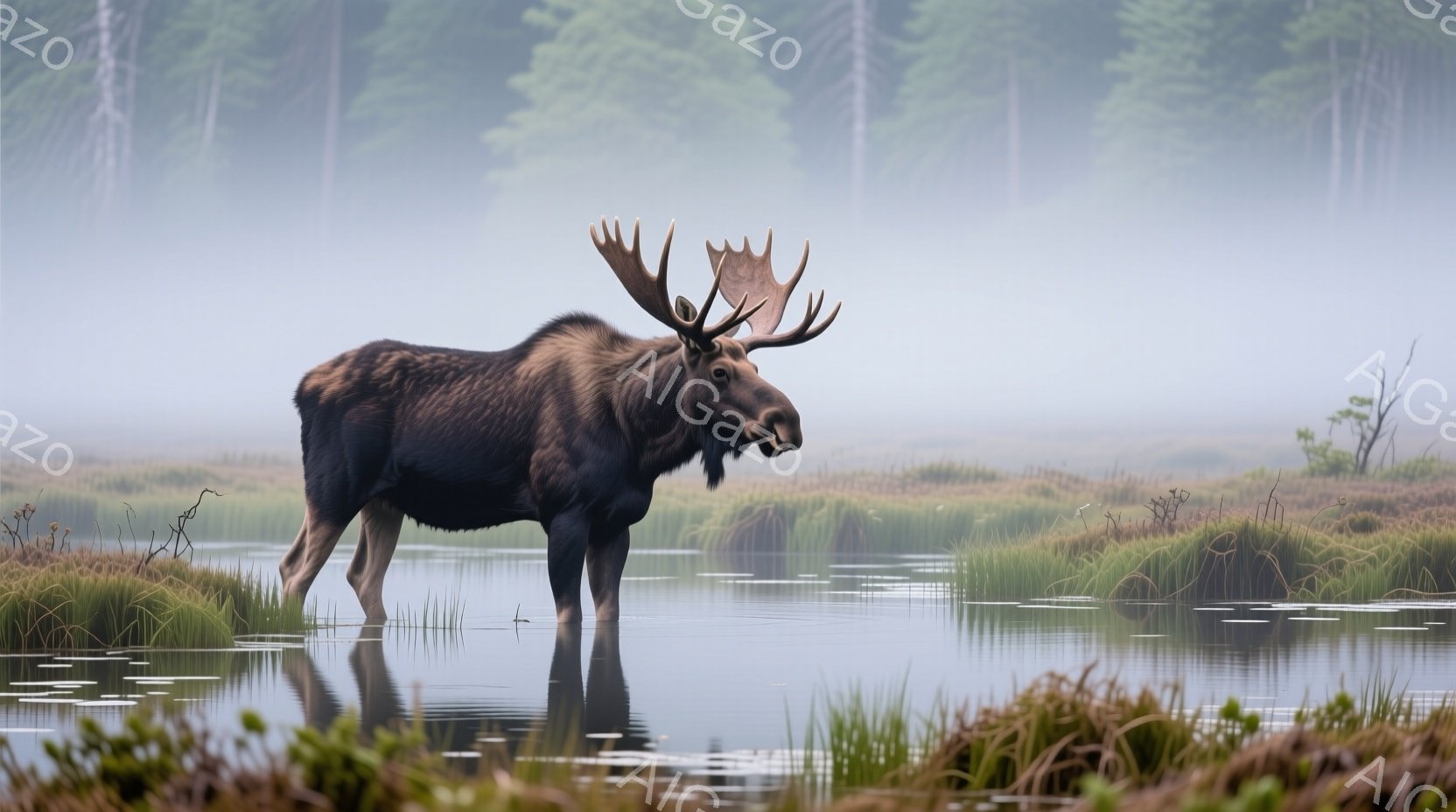 霧深い湿地帯に雄大なヘラジカが佇んでいます。体は深く濃い茶色で、巨大な角が印象的です。水面に映る姿は左右対称で、静寂な自然の中で堂々とした雰囲気を醸し出しています。
