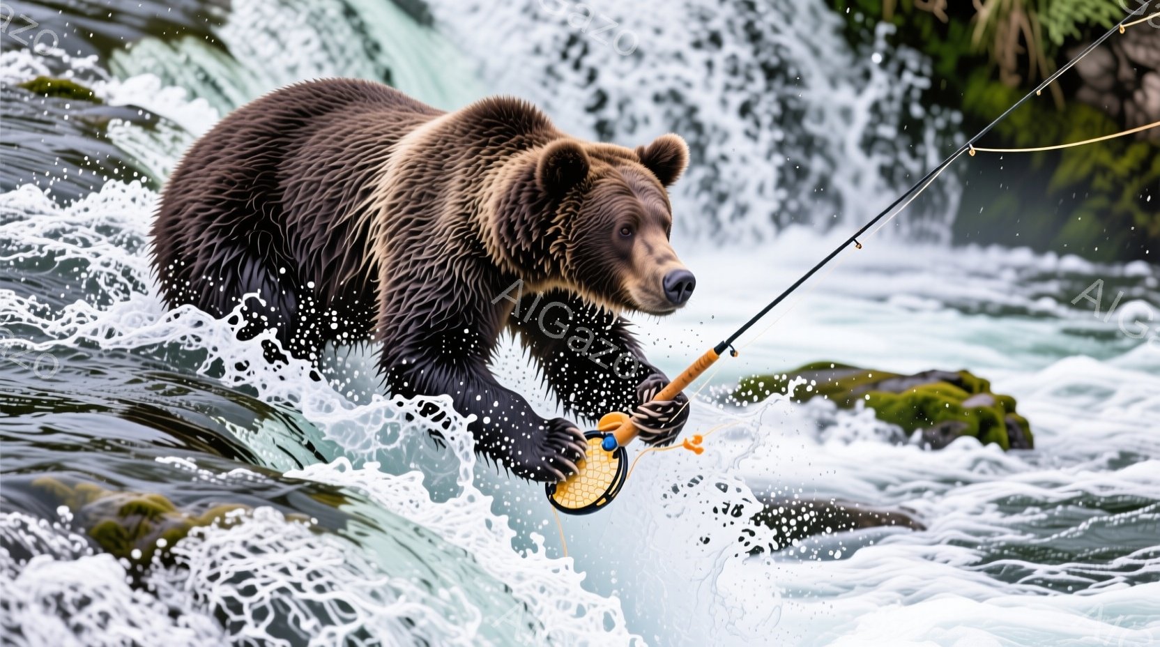 茶色のクマが水しぶきの立つ急流の中で釣りをする様子が写っている。クマは片方の前足で釣り竿をしっかりと握り、水面を見つめている。背景には岩と緑豊かな植生があり、ダイナミックな自然の力強さと、クマの集中した様子が伝わる。