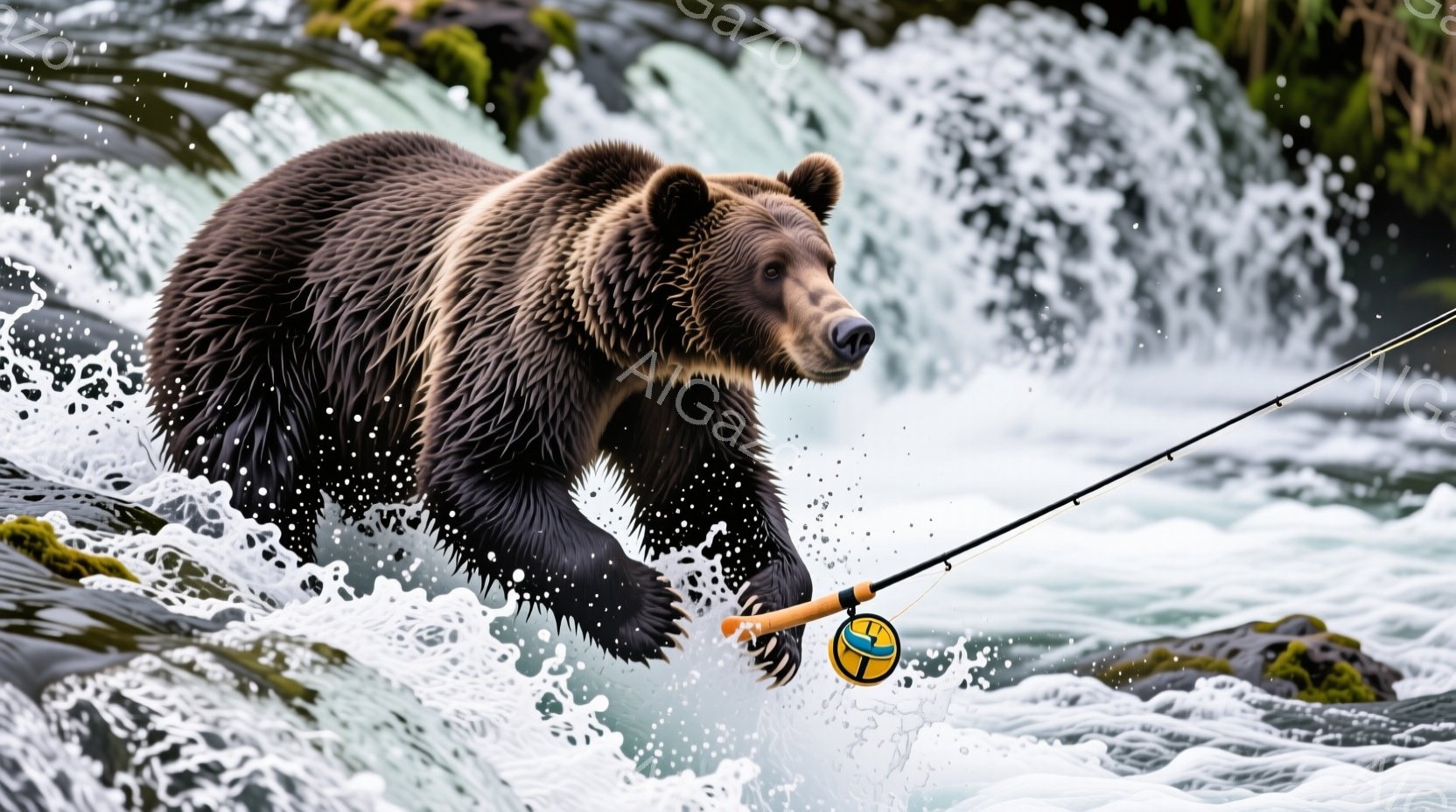 荒れ狂う滝のそばで、巨大な茶色のクマがまるで遊んでいるかのように飛び降りている様子が写っている。クマは前足を伸ばし、口を開けて活発な表情を見せ、片方の前足にはオレンジ色の釣り竿が握られている。背景には - AI生成フリー素材