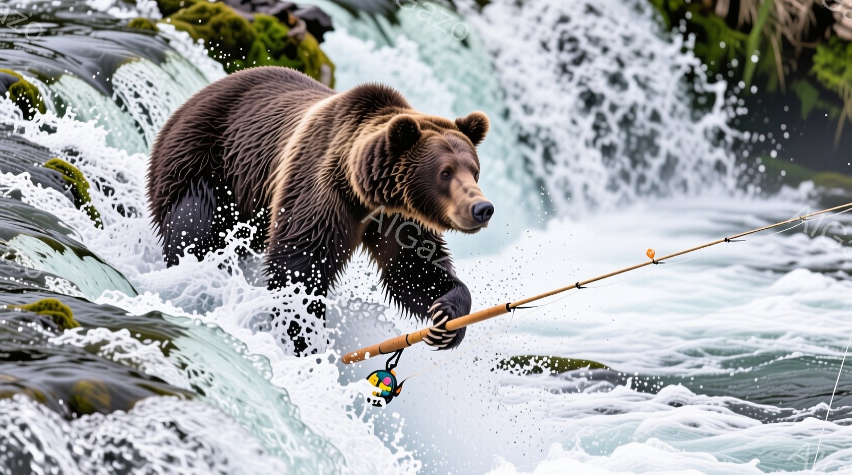 巨大なグリズリークマが、激しい流れの川を背景に、釣竿を咥えて力強く駆け抜けている姿が捉えられています。水しぶきが飛び散り、クマの毛並みは水で濡れて光り、躍動感あふれる瞬間を強調しています。周囲には緑豊かな植生が見られ、自然の力強さと野生動物の活発な活動が感じられます。