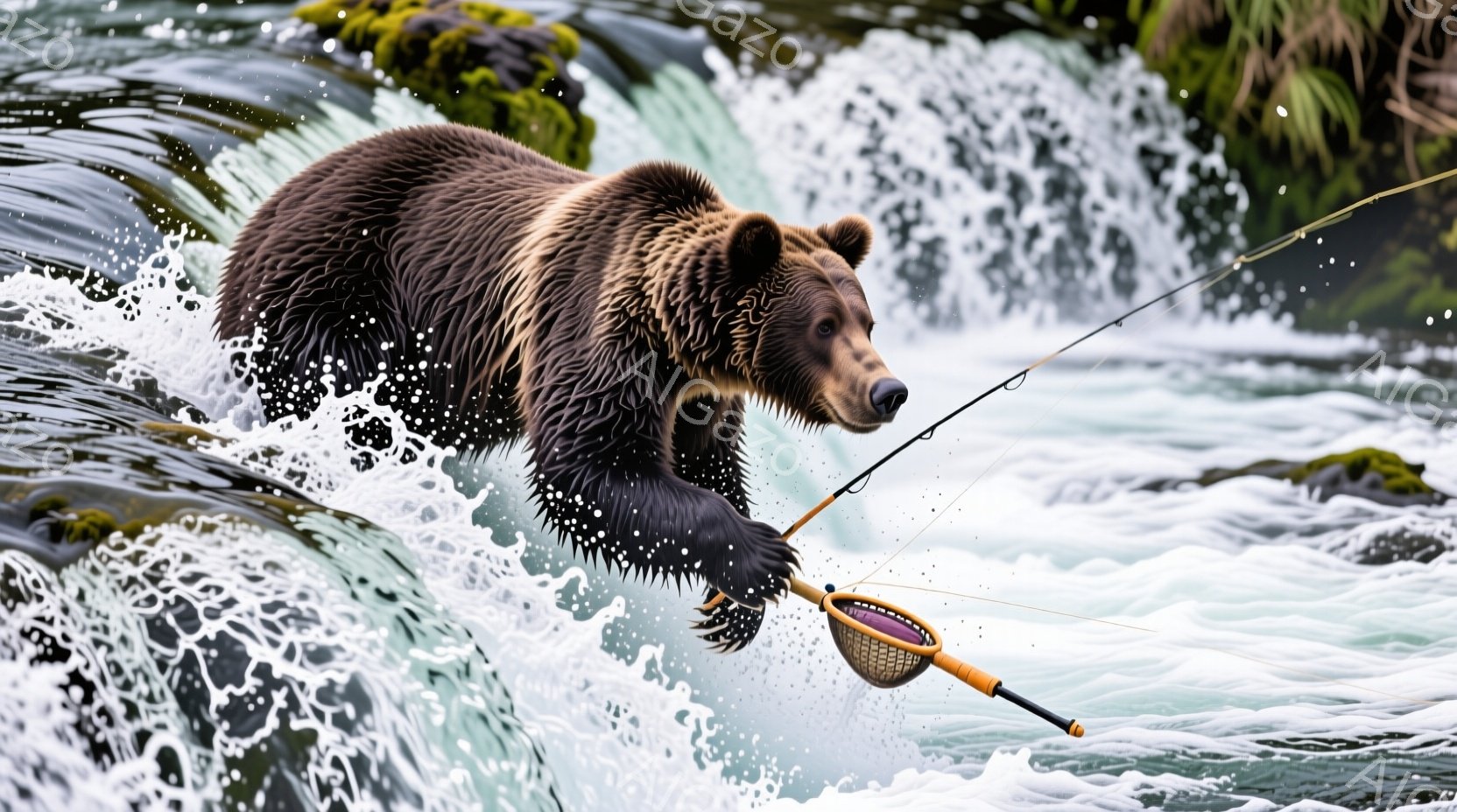 強力なグリズリーベアが激しい流れの真ん中で、釣り竿とタモ網を巧みに操り、まるで熟練の漁師のように獲物を狙っている。背景には、水しぶきと緑豊かな植生が見られ、自然の力強さと荒々しさを感じさせる。ベアの表情は真剣で、ダイナミックなアクションと相まって、躍動感溢れる瞬間を捉えている。