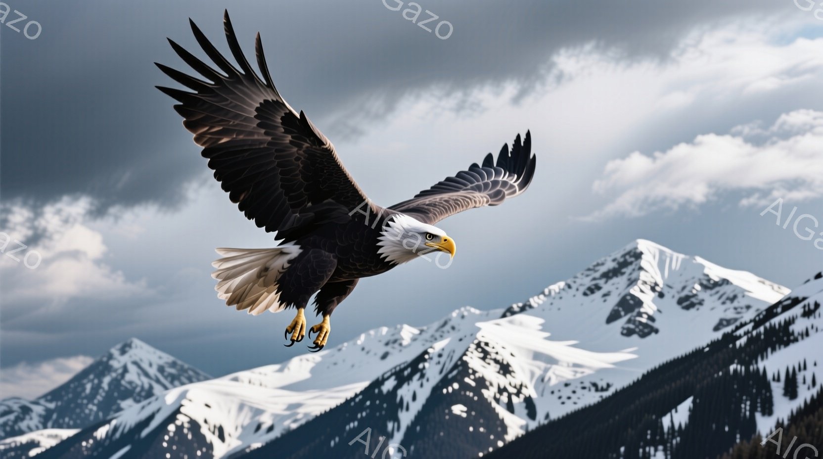 白頭鷲が雪を頂いた山々の上空を翼を広げて飛んでいる姿が捉えられている。鷲の羽は黒と白のコントラストが鮮やかで、鋭い眼光が印象的である。背景には険しい山々が広がり、曇り空が雄大な自然の風景を強調している。