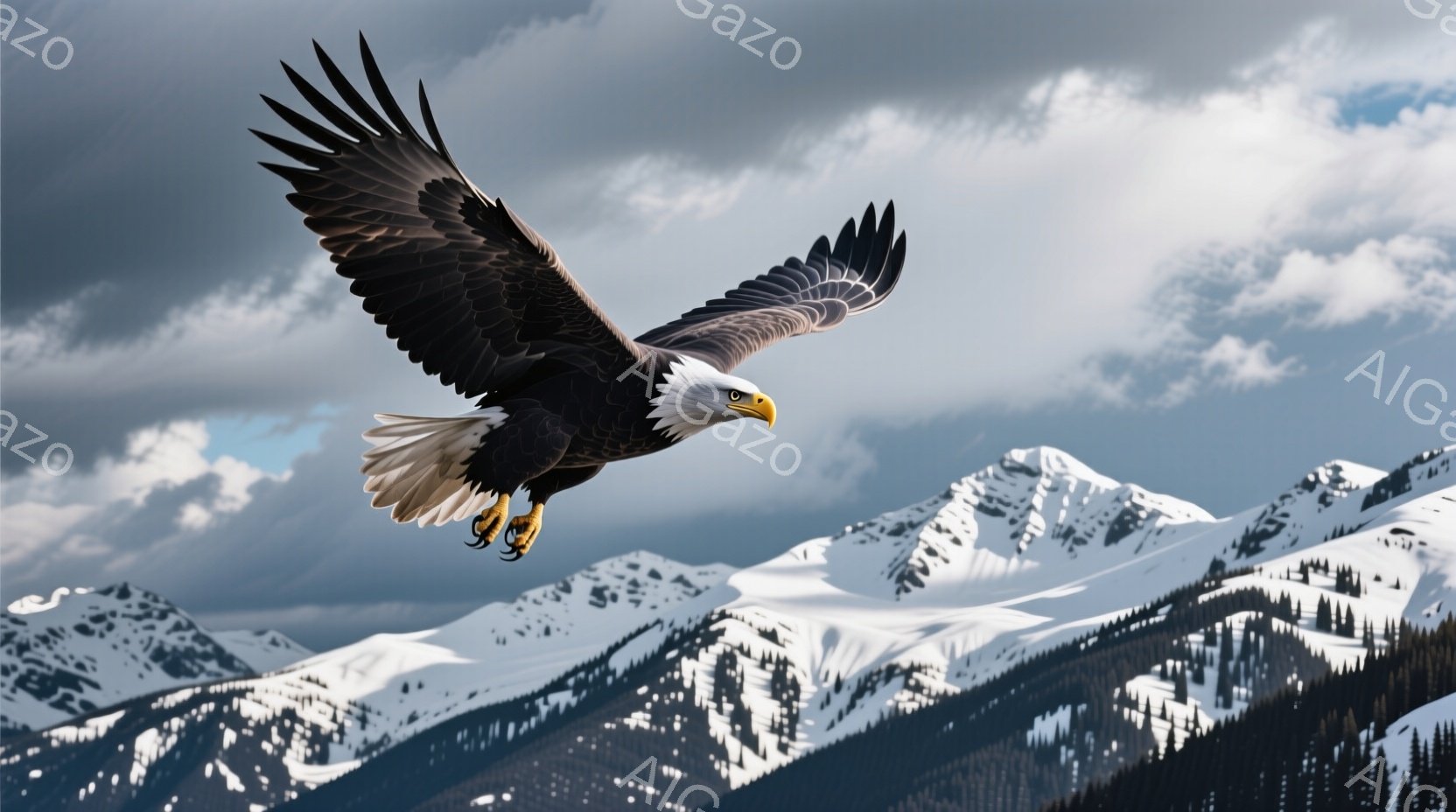 白頭鷲が雪を抱く山々の空を力強く舞っている。翼を大きく広げ、鋭い眼差しは遠くを見据えている。背景には、雪に覆われた山脈が連なり、重厚な雲が空を覆っているため、壮大で自然の力強さを感じさせる。
