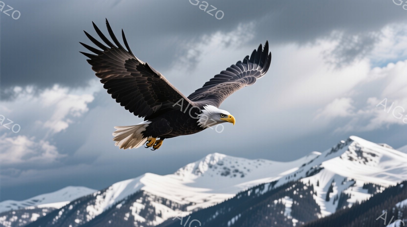 広大な雪山を背景に、翼を大きく広げたアメリカワシが力強く飛行している。ワシの羽は黒く、頭部は白く、鋭い黄色い嘴が特徴的である。雲が多く、光が差し込む山並みとワシのコントラストが、自然の力強さと威厳を感じさせる。
