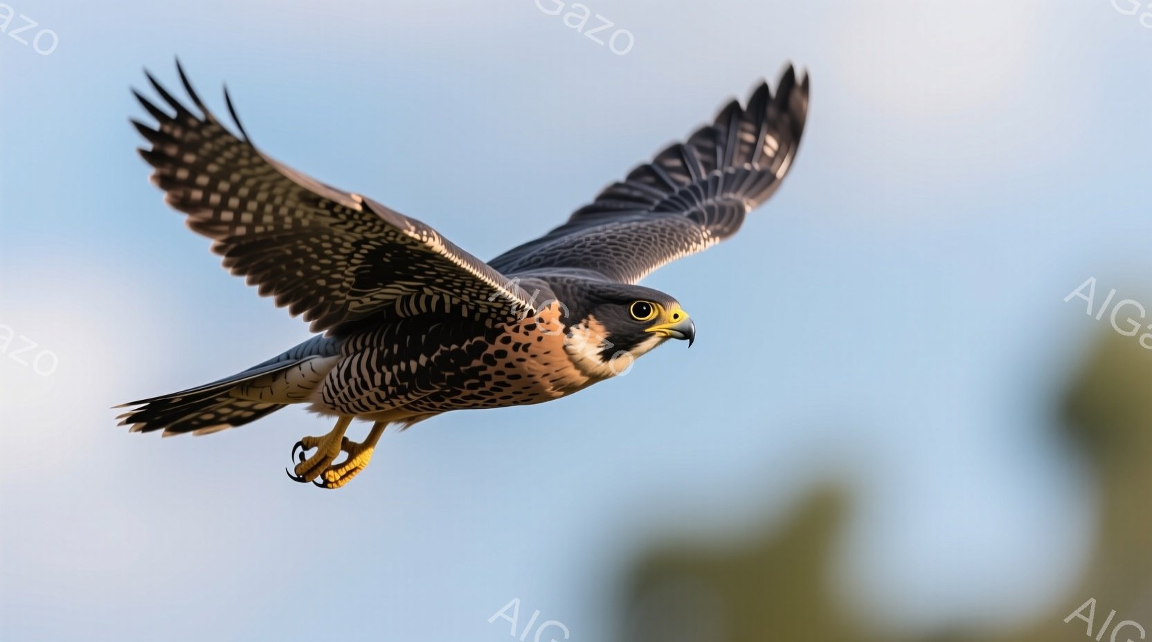 鮮やかな青空を背景に、翼を大きく広げたハヤブサが捉えられている。その羽は黒と白の美しい模様で覆われ、鋭い爪を伸ばして空中で姿勢を安定させている。背景には緑色のぼやけた植物が見え、ハヤブサの力強く、流麗な飛行が際立つ、躍動感あふれる瞬間を捉えた写真である。