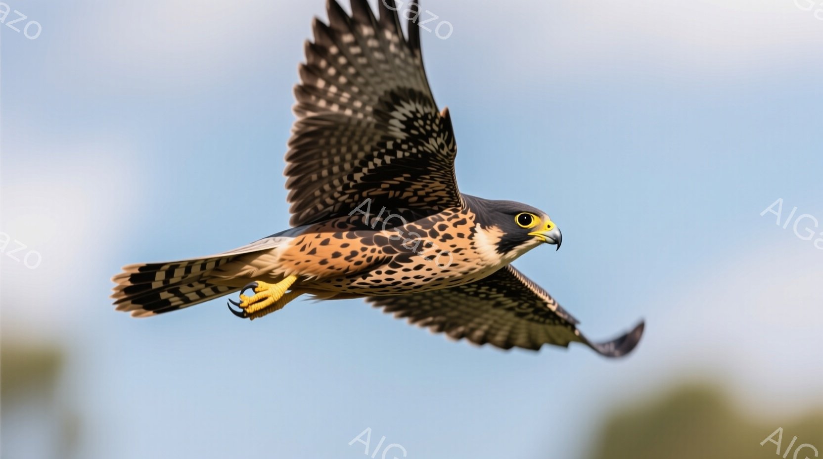 鮮やかな青空を背景に、一羽のハヤブサが翼を広げて飛行している。その体は茶色と黒の美しい模様で覆われ、鋭い爪とくちばしが特徴的だ。翼の広がりと姿勢から、力強く空を舞う姿が伝わってくる。