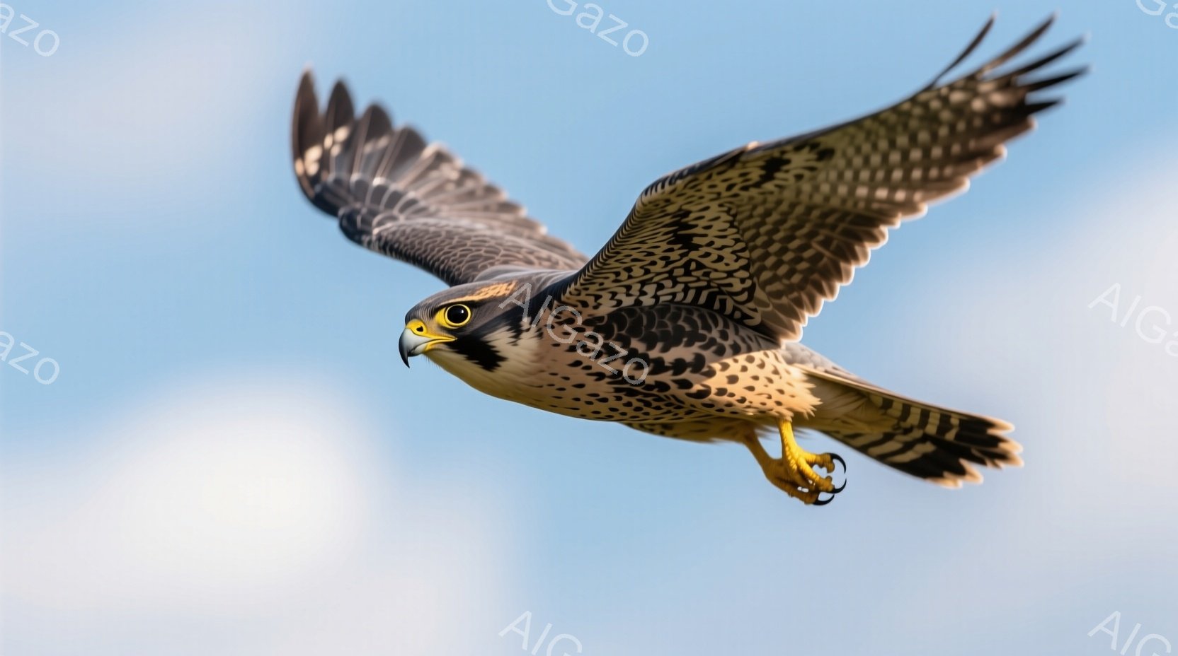 鮮やかな青空を背景に、翼を広げた猛禽類が捉えられています。茶色と白の斑模様の翼と、鋭い眼光が印象的で、獲物を狙うかのような鋭い表情をしています。足は鋭い爪を持ち、飛行中に安定していることがわかります。