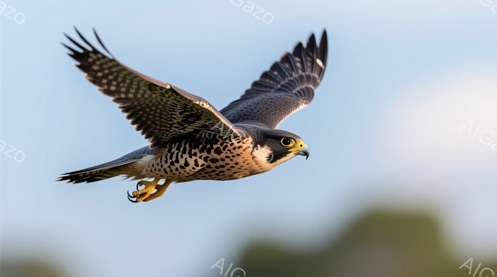 鋭い眼光を放ちながら、ハヤブサが翼を広げ、空を舞っている。茶色と白の斑点模様が特徴的な羽毛は、太陽光を受けて輝き、鮮やかな空を背景に力強い姿を際立たせている。背景には緑の木々が見え、穏やかな晴天の中、ハヤブサの躍動感あふれる飛行を捉えた一枚である。