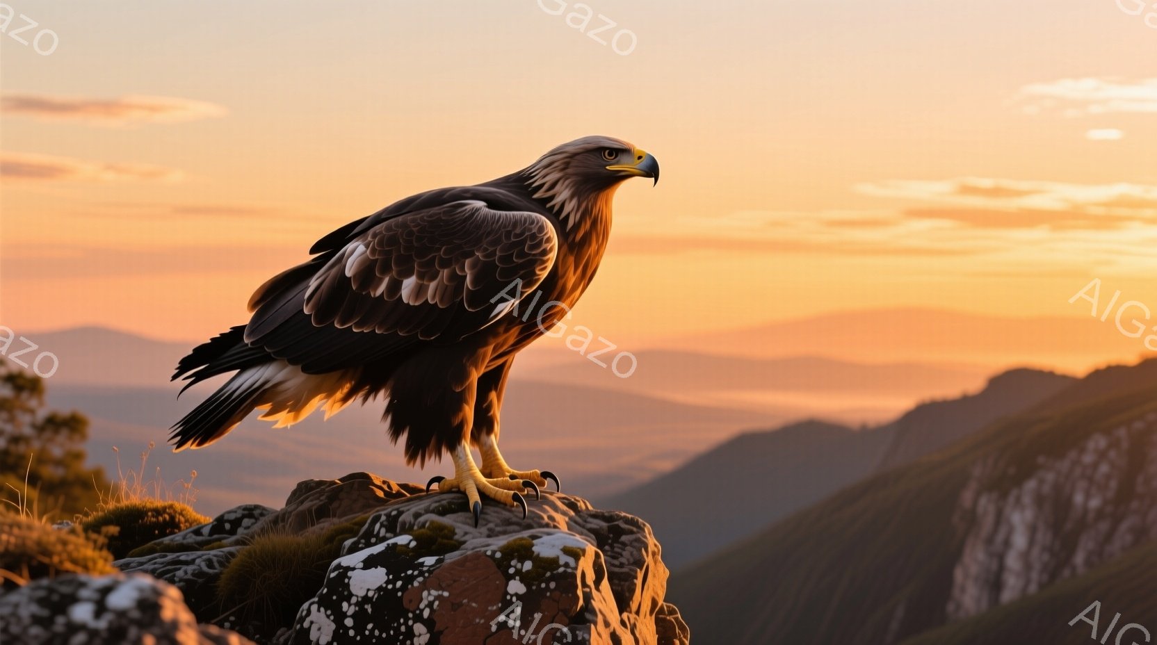 鳥が山頂で飛行するときの姿を表現しています。鳥は羽ばたい姿勢で、空に向かって飛んでいます。背景は夕日時間であり、山や草地が見られます。感動的な雰囲気を持っており、自然と穏やかな様子が表現されています。