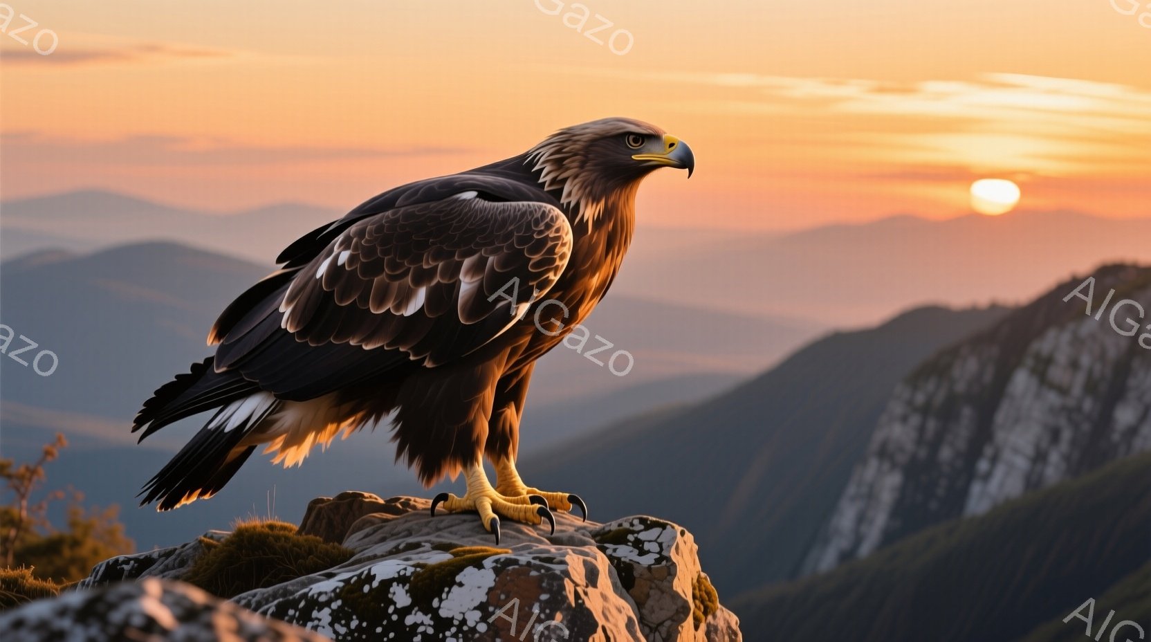 岩の上に堂々と立つ大きな猛禽類が写っている。夕焼けの光が背景の山々をオレンジ色に染め、壮大な自然の風景を作り出している。鳥は鋭い眼光で遠くを見つめ、力強く威厳のある姿を印象付けている。