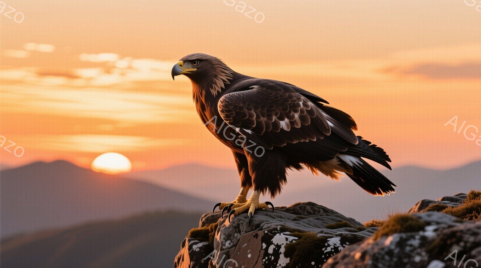 鋭い眼光を放つ巨大な鷲が、苔むした岩の頂上に堂々と立っている。背景には、夕焼けに照らされた山々が連なり、燃えるようなオレンジ色の空が広がっている。その威厳のある姿は、力強さと自由の象徴であり、自然の壮大さを感じさせる。